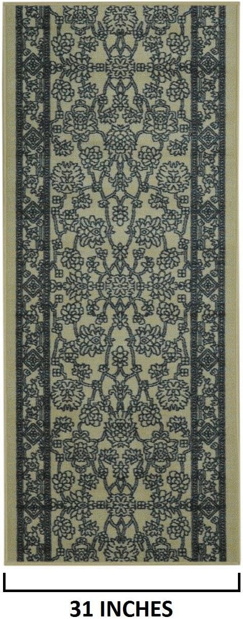 Custom Size Beige Egyptian Print Traditional Persian Rubber Backed Non-Slip Hallway Stair Runner Rug Carpet 31 inch Wide Choose Your Length 31in X 26ft