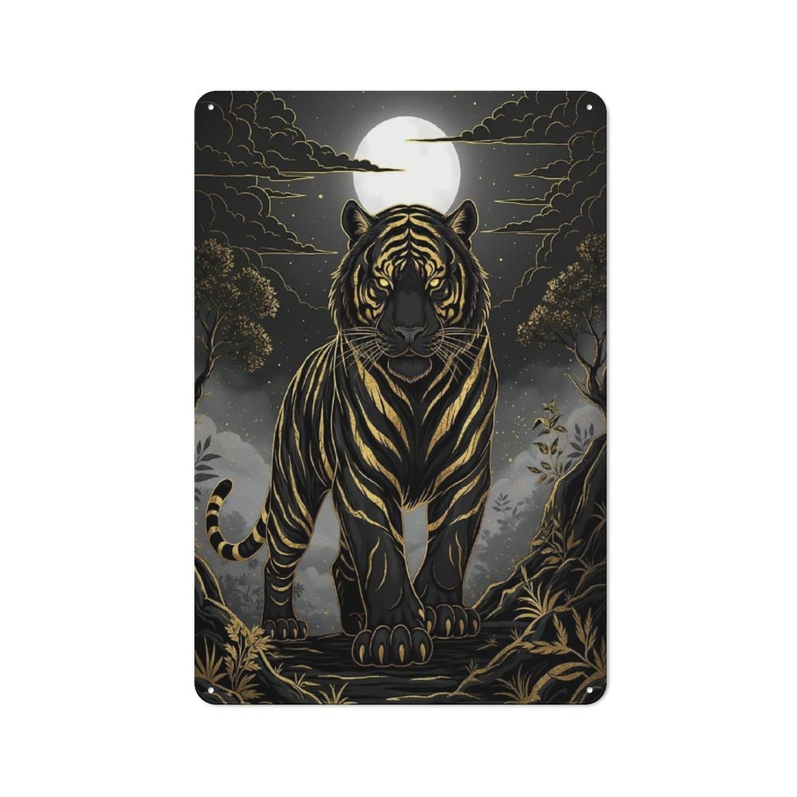 Junmoney Style-14 For Garage Or Workshop, Golden Tiger Under Moonlight Rustic Metal Plaque 30X20cm, Suited To Wall Displays In Garages And Tool Rooms