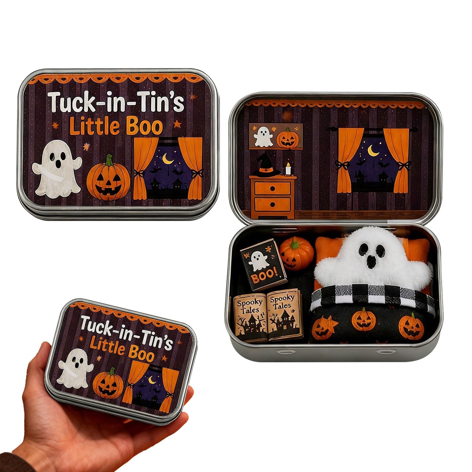 Mini Ghost Tin Box Set, Halloween Miniature Scene with Plush Ghost (A-1)