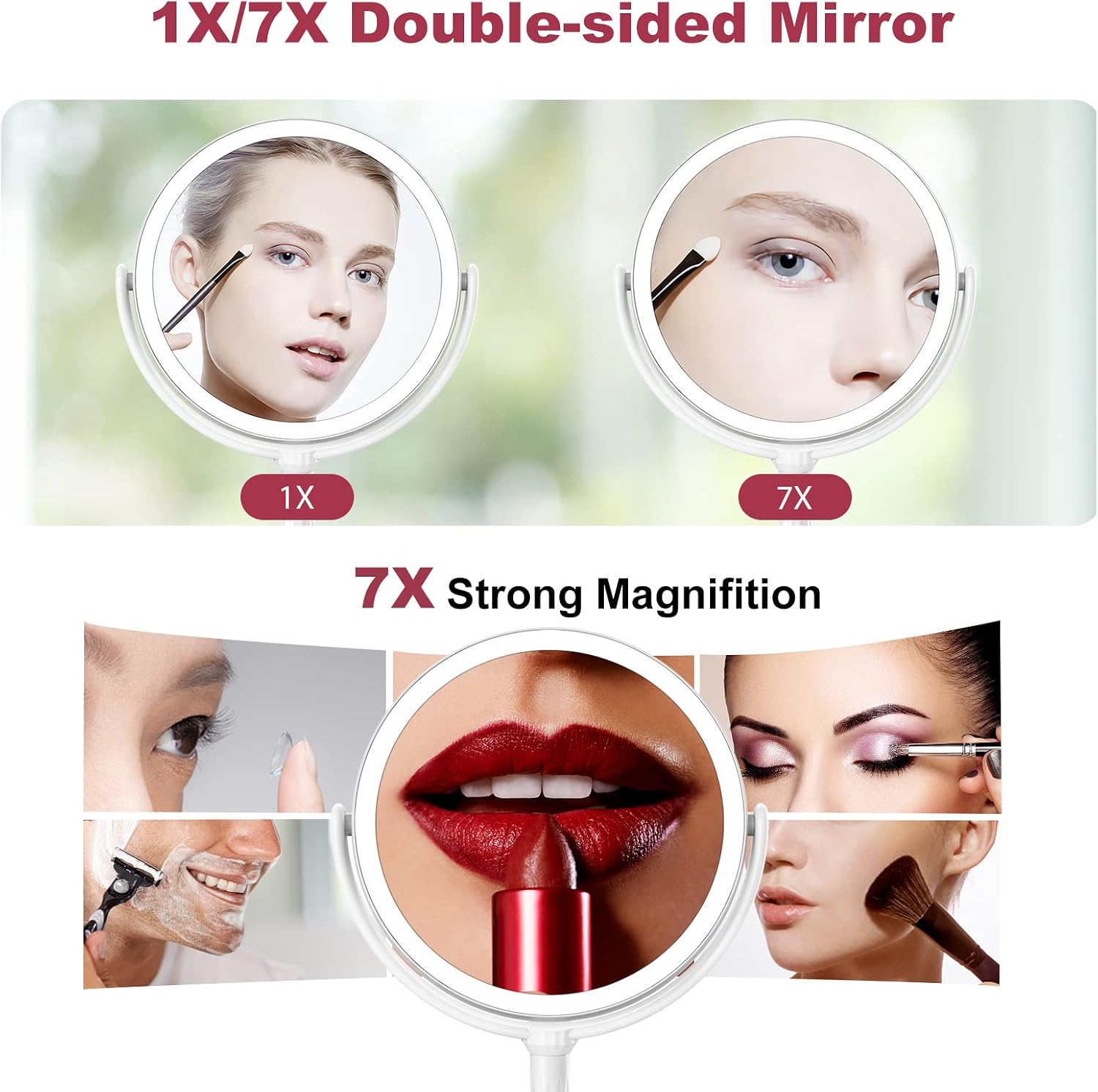 Makeup Mirror with Lights,3 Color Lighted Makeup Mirror,1X/7X Magnifying Makeup Mirror with 60 LED Lights,Double-Sided Rechargeable Vanity Mirror Brightness Adjustable,360 Degree Rotation,Women Gift