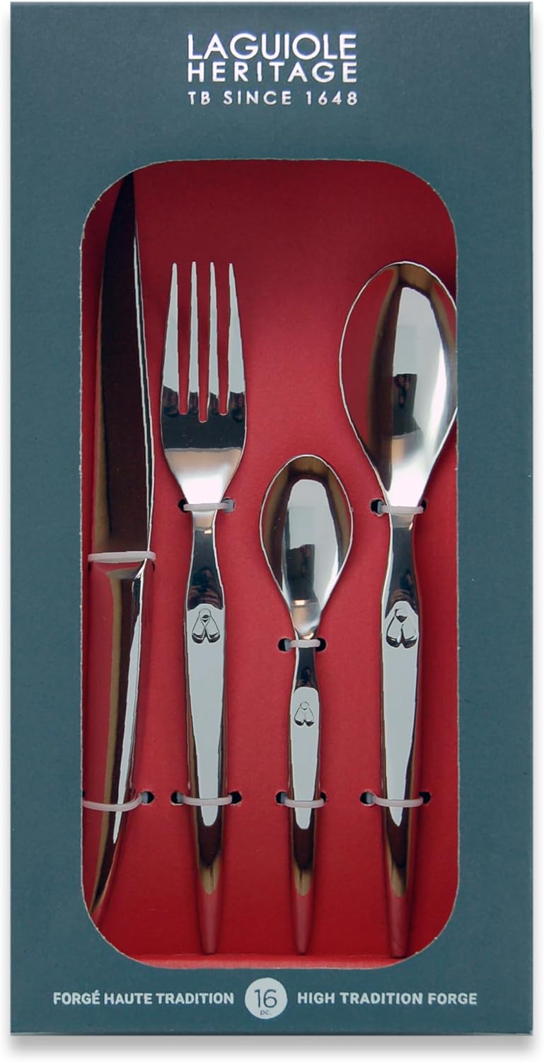 Laguiole Heritage Dinnerware Set; Luxury French Flatware in Premium Stainless Steel; Features Knives, Forks, Spoons with Ergonomic Handles; Dishwasher Safe; 4 Person Sets; Silver, 16-Piece
