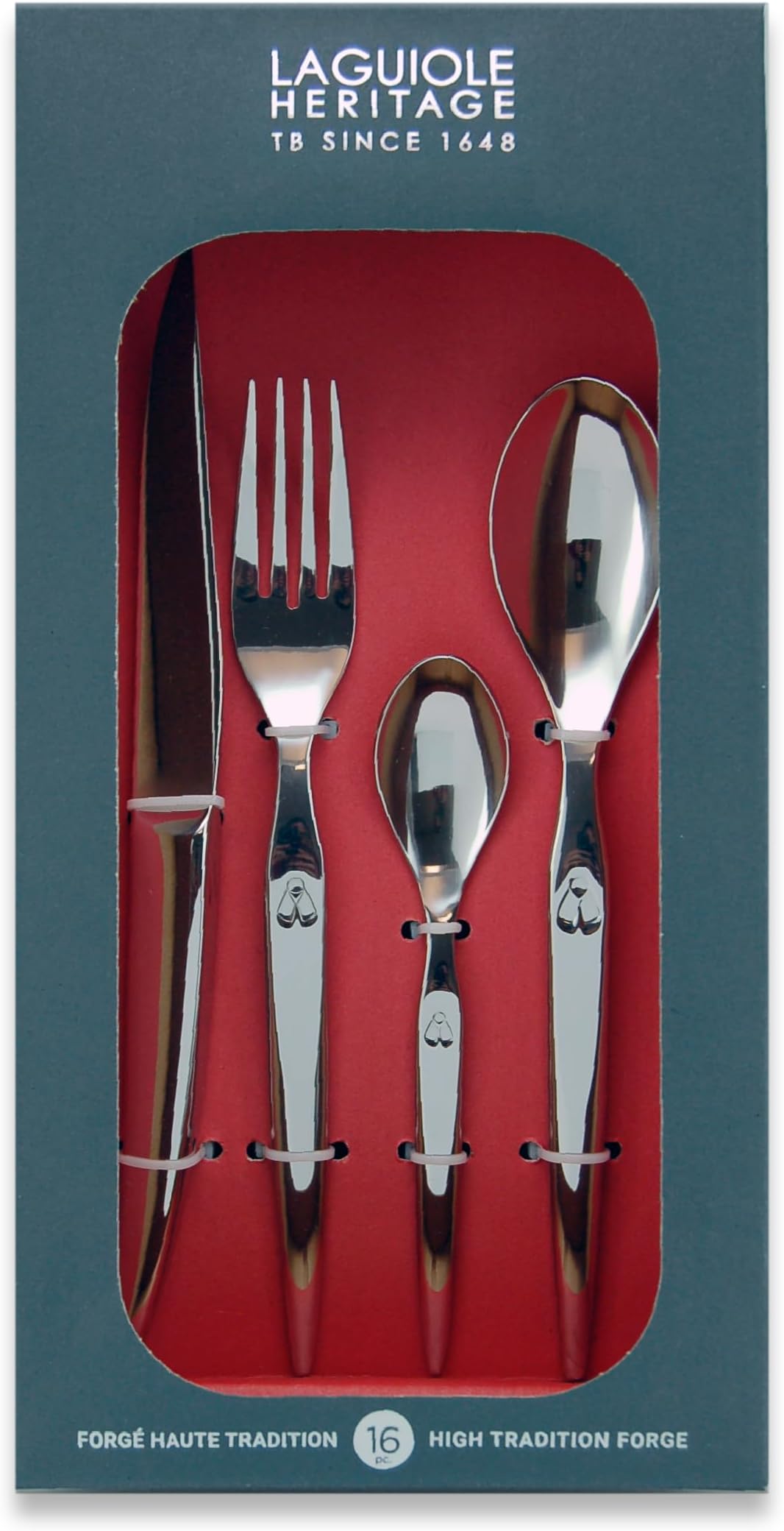 Laguiole Heritage Dinnerware Set; Luxury French Flatware in Premium Stainless Steel; Features Knives, Forks, Spoons with Ergonomic Handles; Dishwasher Safe; 4 Person Sets; Silver, 16-Piece