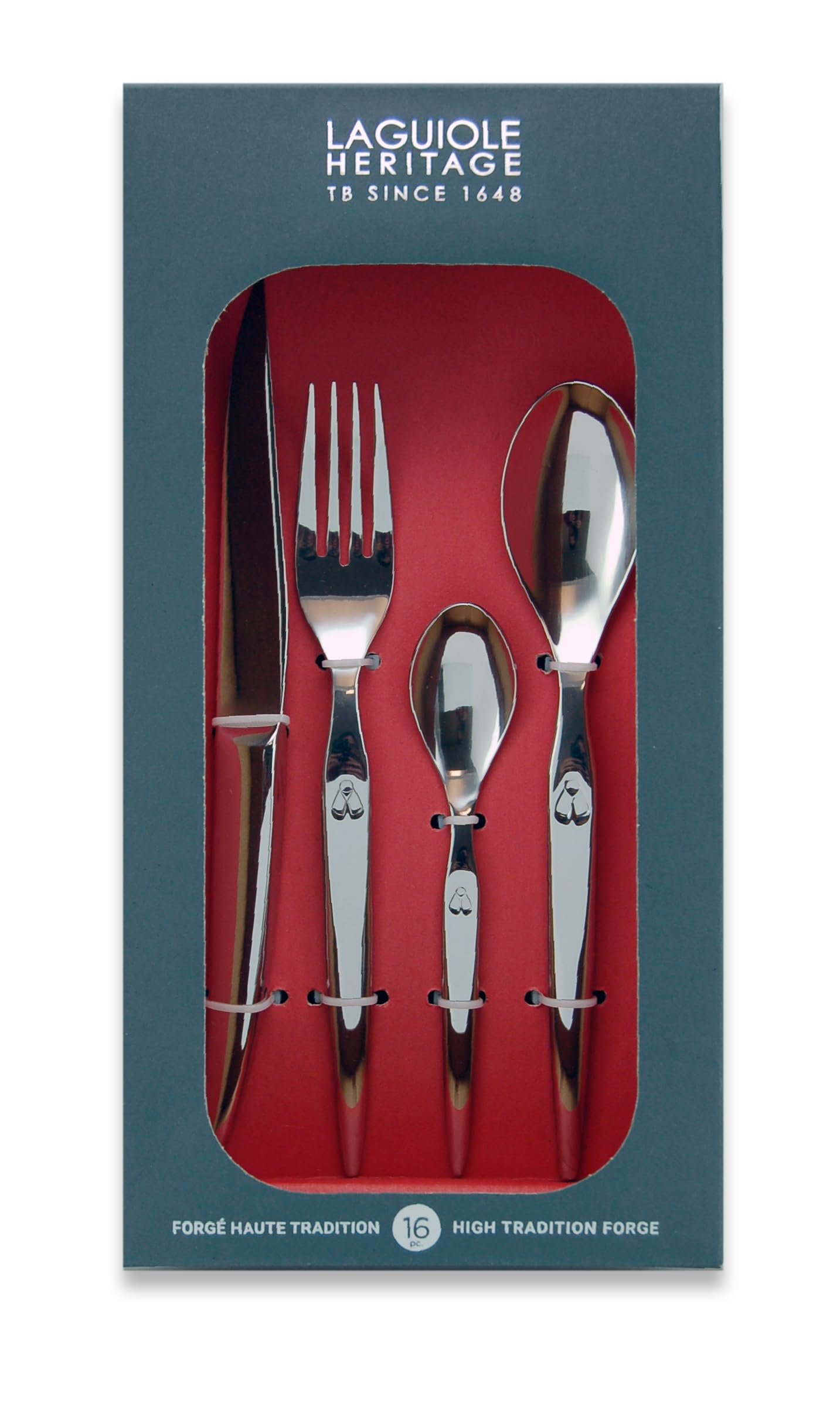 Laguiole Heritage Dinnerware Set; Luxury French Flatware in Premium Stainless Steel; Features Knives, Forks, Spoons with Ergonomic Handles; Dishwasher Safe; 4 Person Sets; Silver, 16-Piece