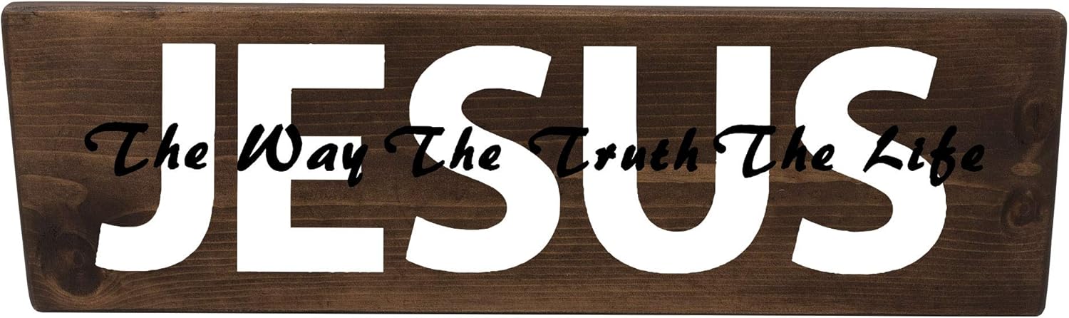 Jesus is The Way Christian Biblical Gift Wood Wall Sign Decor Real Wood Plaque Gift of Love Hope Peace Faith Family Friend (Stained 18Inch)