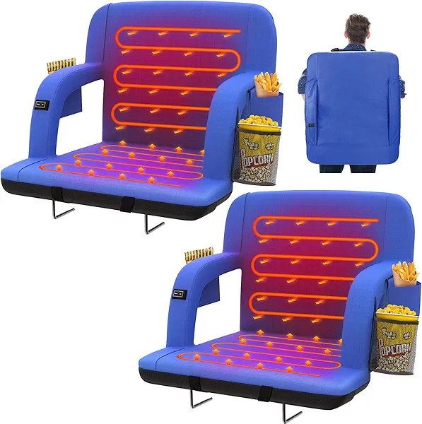 HOPERAN 2pcs Dual-Sided Heated Stadium Seats for Bleachers with Back Support, 3 Levels Heating Stadium Seating for Bleachers Seat with Backrest, 5 Pockets Portable Stadium Chair for Outdoor