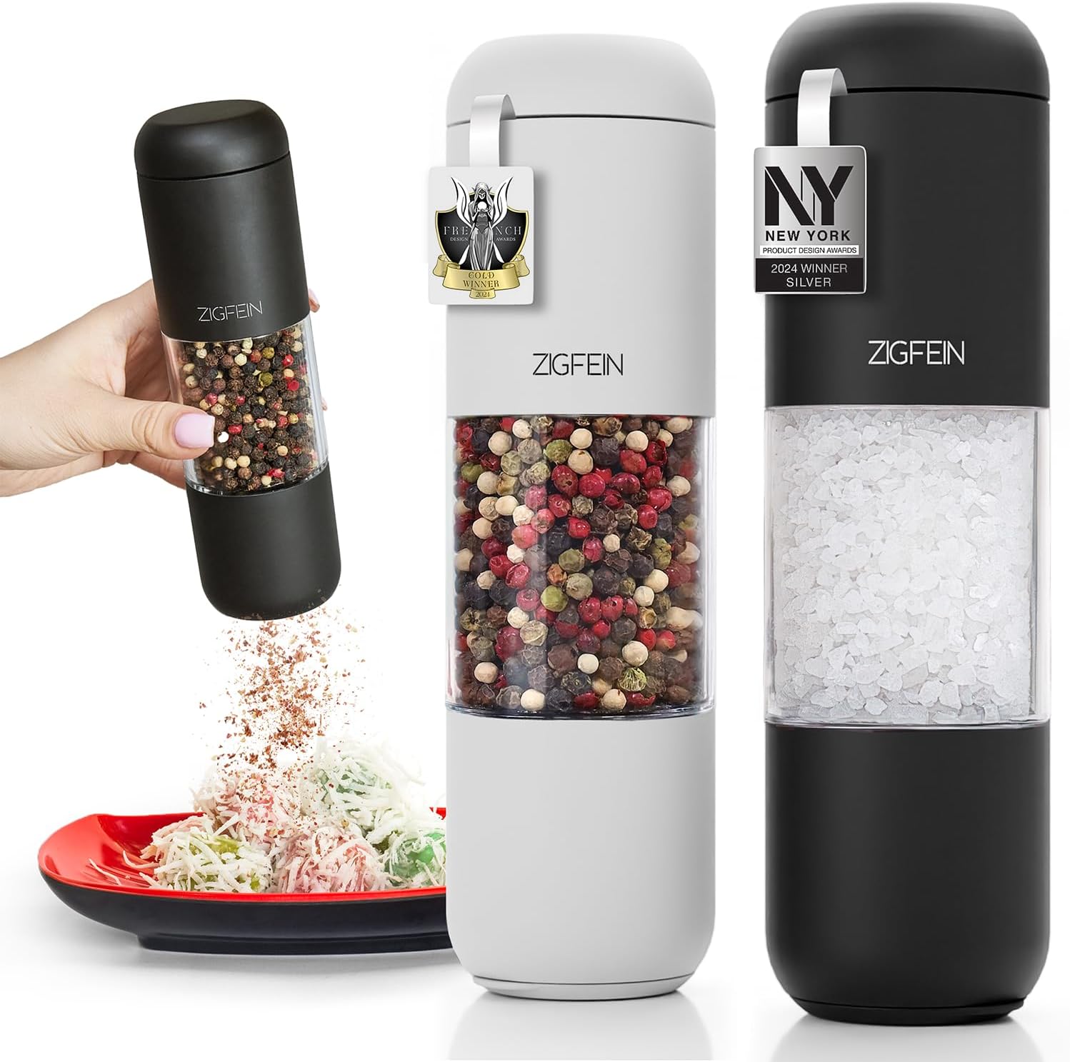 Manual Salt and Pepper Grinder Set - Stainless Steel, Ceramic, Large Glass Adjustable Shakers in Black/White, 2-Pack - Refillable Pepper Grinder & Salt Grinder Manual with Award Winning Design
