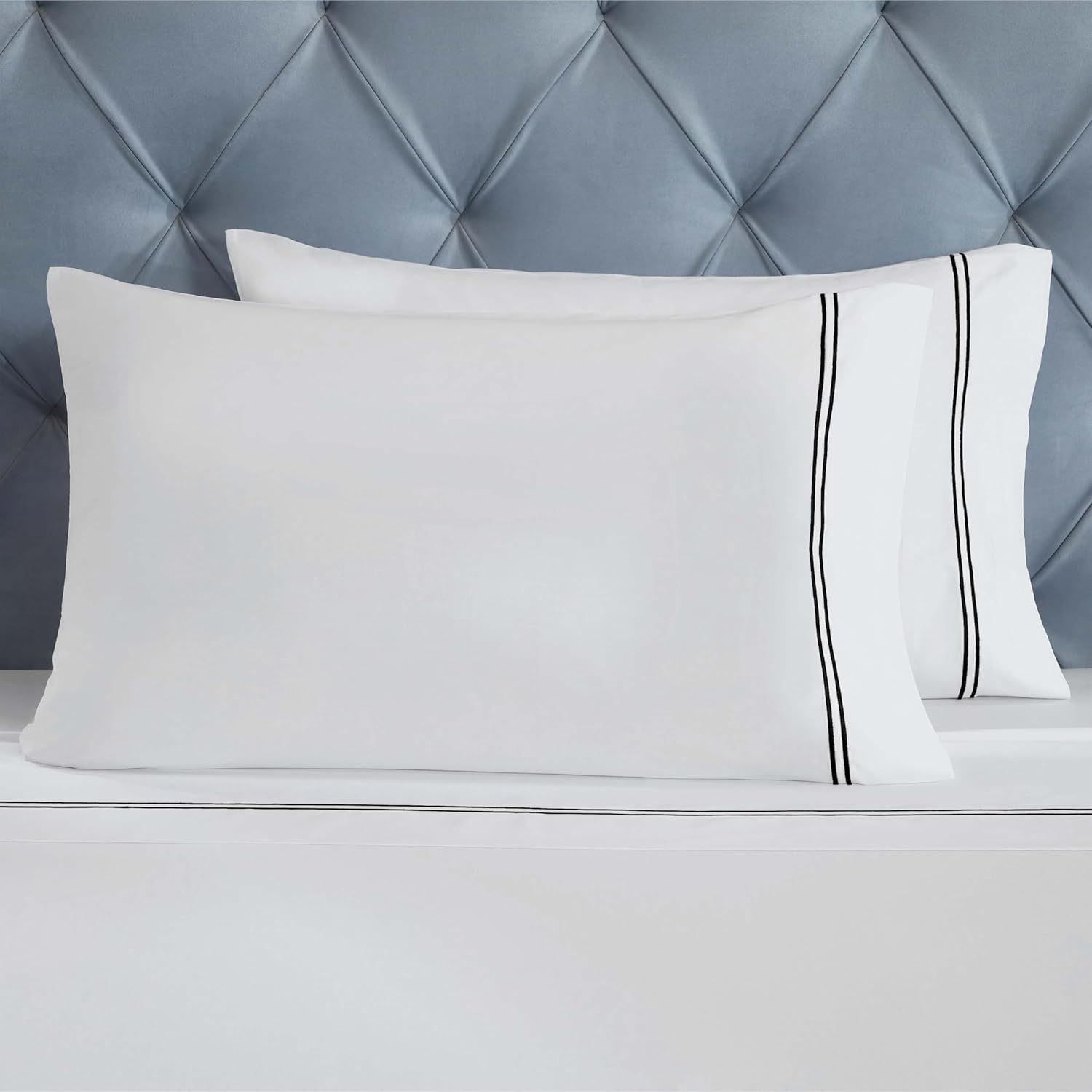 Superior Embroidered Cotton Bed Sheet Set, 1 Elastic Deep Pocket Fitted Sheet, 1 Flat Sheet, 2 Pillowcases, Daily Soft Sheets, Luxury, Two-Line Design, Fieldstone Collection, Queen Size, White/Black