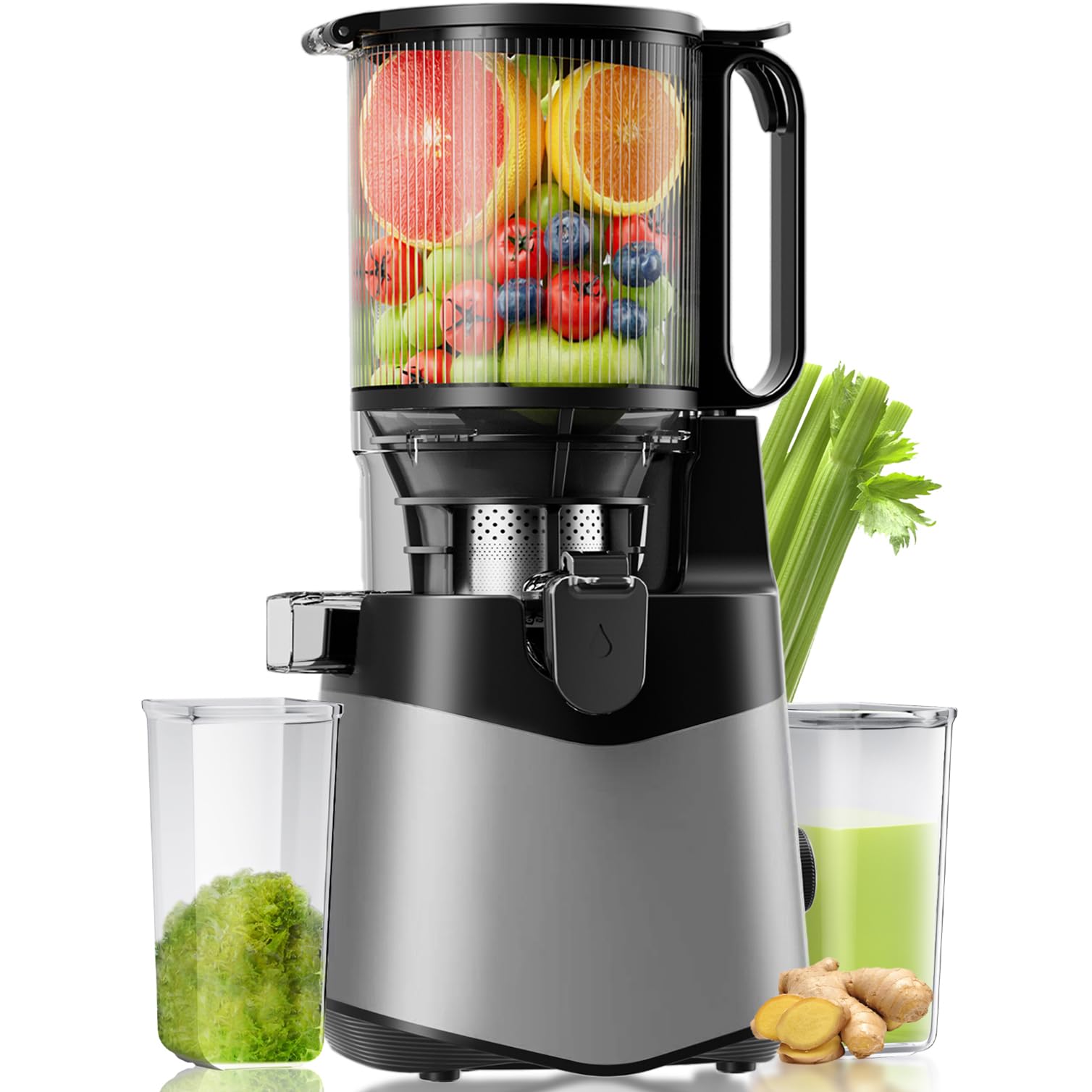 Cold Press Juicer, 5.8" Wide Feed Chute Juice Extractor Machine with 400W, High Juice Yield, Slow Masticating Juicer for Whole Vegetables & Fruits, Dark Grey