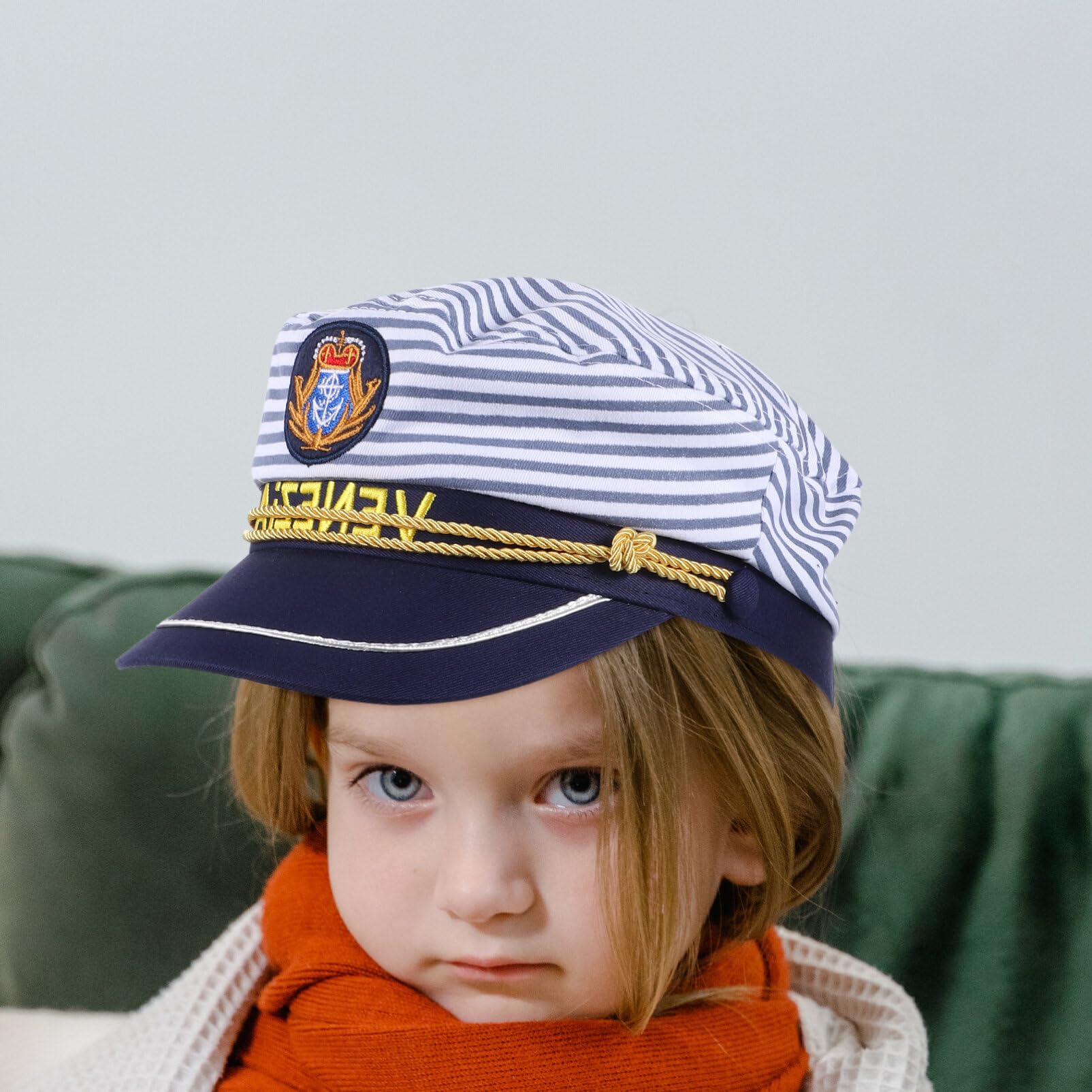 Cappello da Capitano a Righe Blu per Ragazzo Ragazza 2 Pezzi Regolabile | Taglie Adulto 58cm e Ragazzo Ragazza 54cm, per Scena e Festa, Stile Berretto Dettagli a Strisce