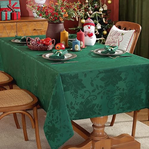 Miniatura 2 de SASTYBALE Mantel de Navidad rectangular de 60 x 84 pulgadas, mantel de flor de Pascua jacquard verde, lavable, antiarrugas, resistente, para