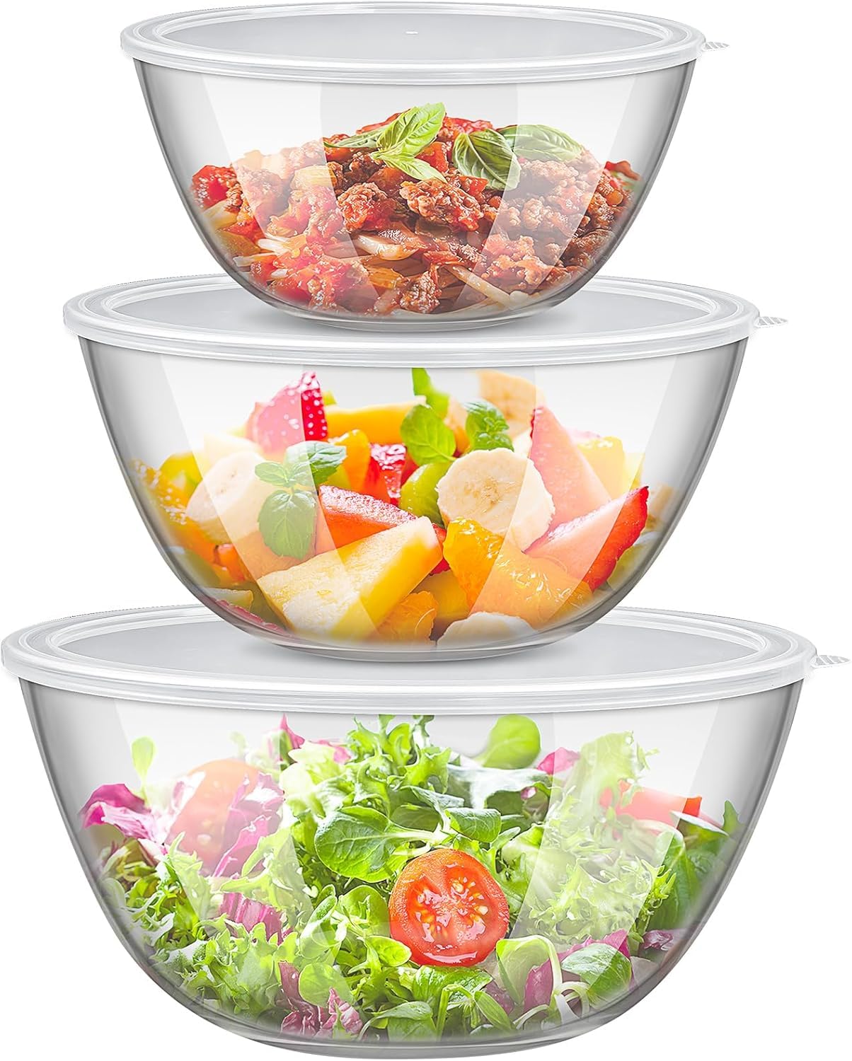 3er Set Glas Salatschüssel mit Deckel, Rund Glasschüsseln (4,2L, 2,5L, 2L) | Stapelbare Borosilikatglas Rührschüsseln, spülmaschinenfest, zum Backen, Vorbereiten, Aufbewahren und Servieren