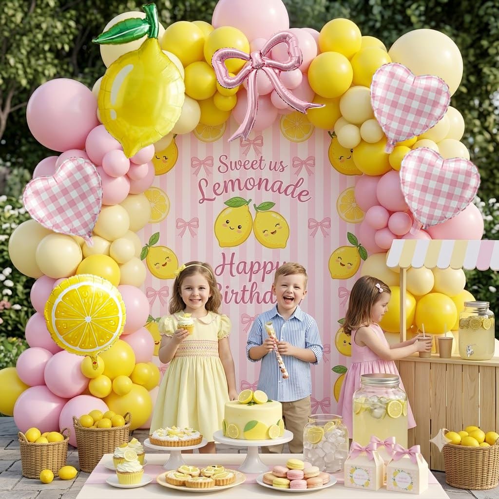 Lemon Balloon Arch Kit with Pink Bow Balloon, Lemon & Lemon Slice Foil Balloons, Pink Gingham Heart Balloons for Main Squeeze, Pink Lemonade, Lemon Birthday, Baby Shower, Bridal Shower, Summer Party