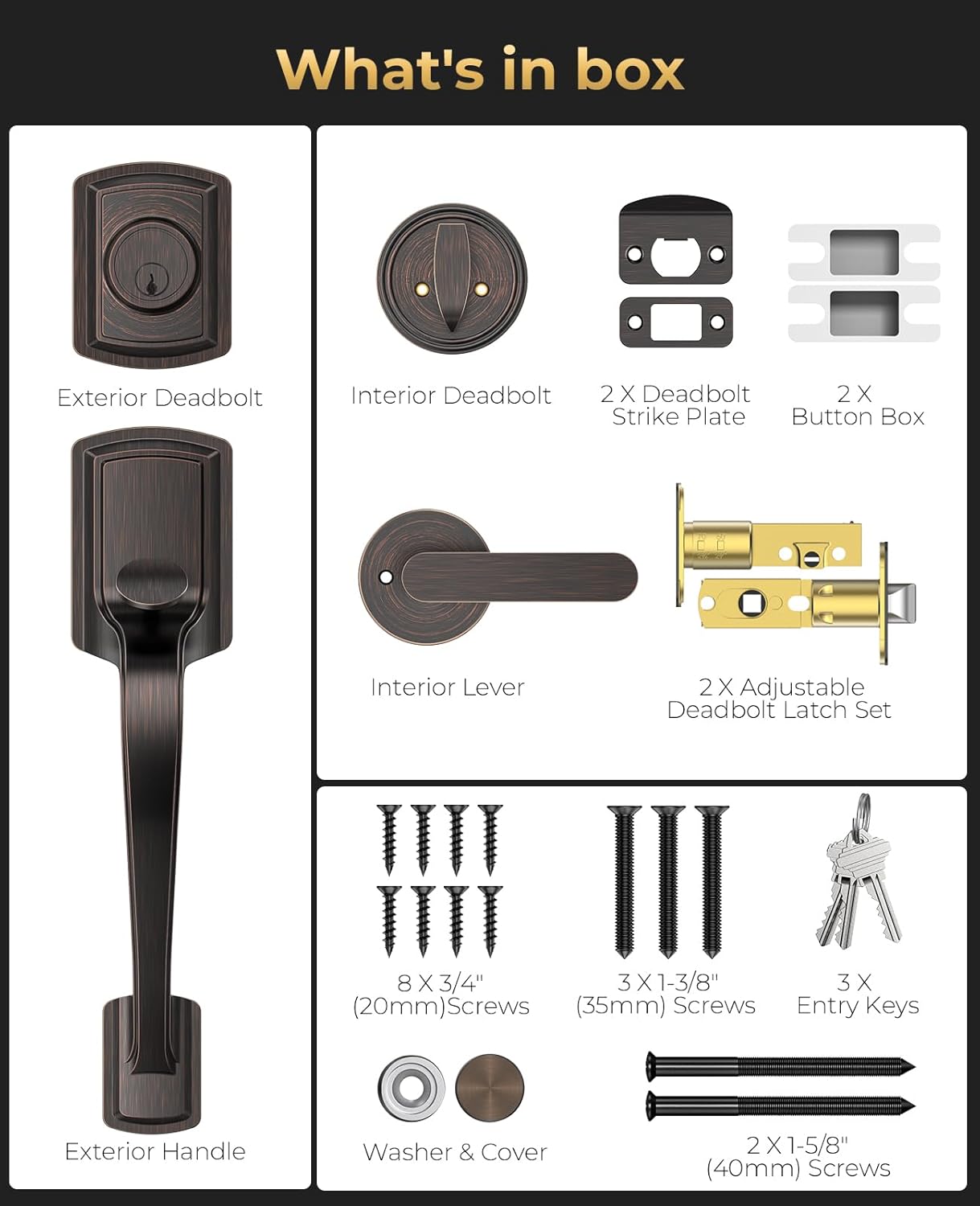 Front Door Handle and Deadbolt Set for Right & Left, Front Door Lock Set with Single Cylinder Deadbolt, Entry Doors Locksets with Modern Exterior Handle, Reversible Lever, Oil Rubbed Bronze