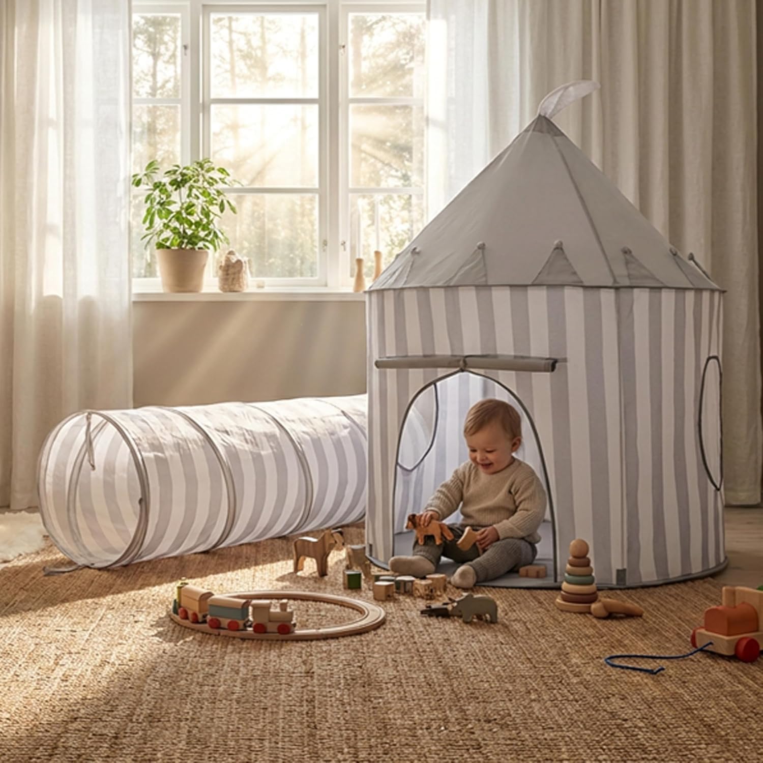 Set Grauer Tunnel und Spielzelt für Kinder, Spielhaus für drinnen und draußen, faltbares Spielzelt für Kinder mit 180 cm Pop-up-Tunnel, Bällebad und Gartenspielzeug