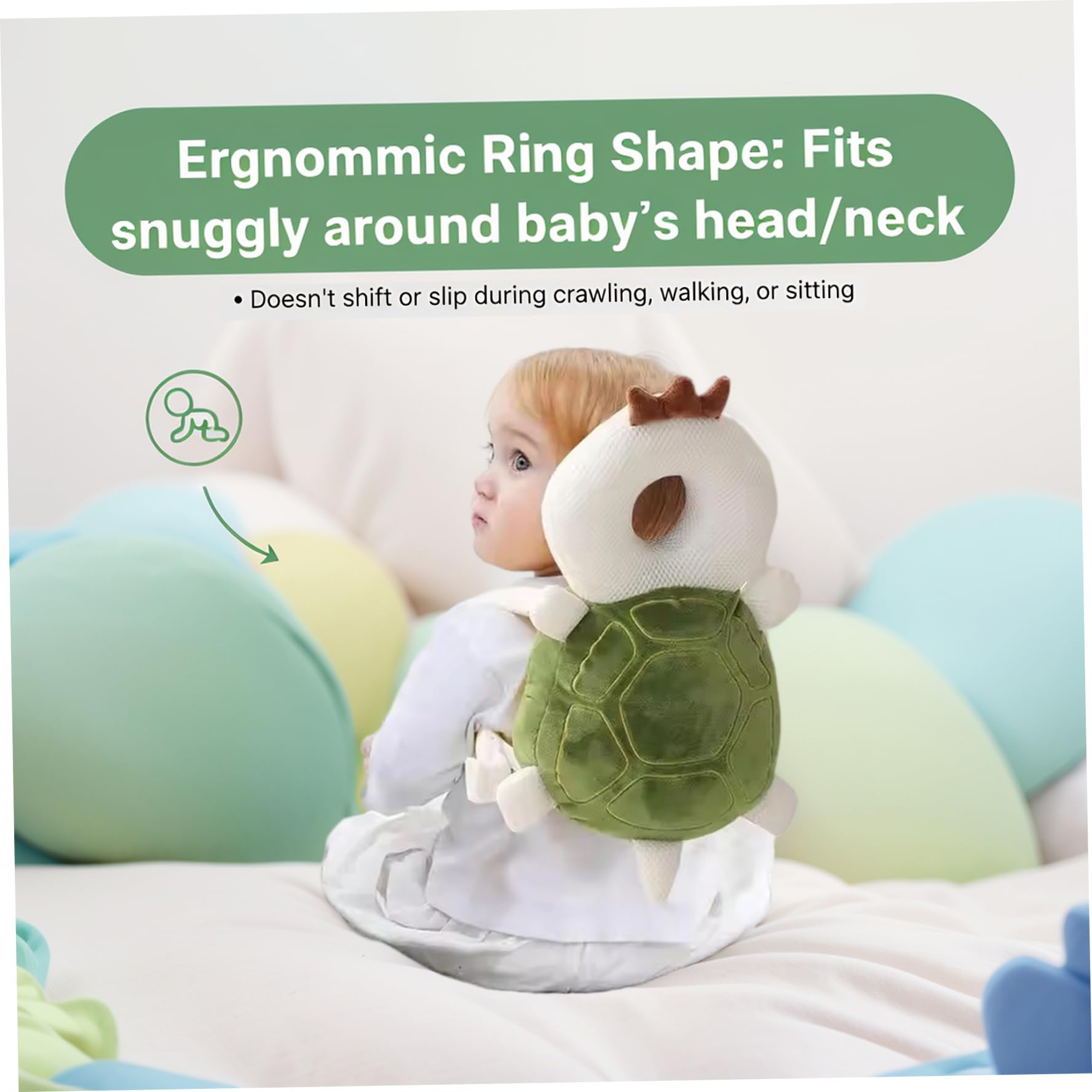 Sac à dos pour bébé - Tortue douce - Protection de tête avec sangle réglable pour marcher et ramper en toute sécurité