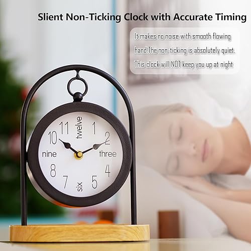 Miniatura 4 de Reloj de escritorio de metal negro con base de madera, reloj de mesa decorativo para sala de estar, relojes de repisa silenciosos, decoración de