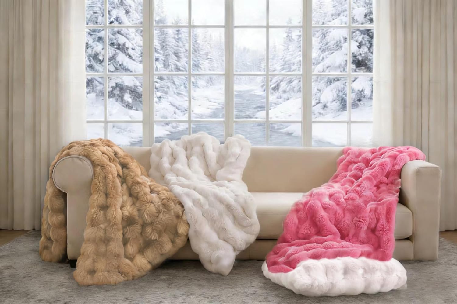 HeirLoom Luxury Bubble Faux Fur Throw Blanket – Ultra-Soft Plush, Warm Cozy Blanket for Couch & Bed, Decorative Home Bedding (Warm Khaki, Throw(51" × 63"))