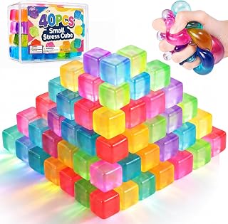 40 Pack Mini Stress Cubes for Kids: 1.18-inch Soft Squishy Bulk Fidget Toys | Multiple Translucent Colors with Clear Storage Box, Bulk Classroom Prizes, Party Favors and Prize Box Toys