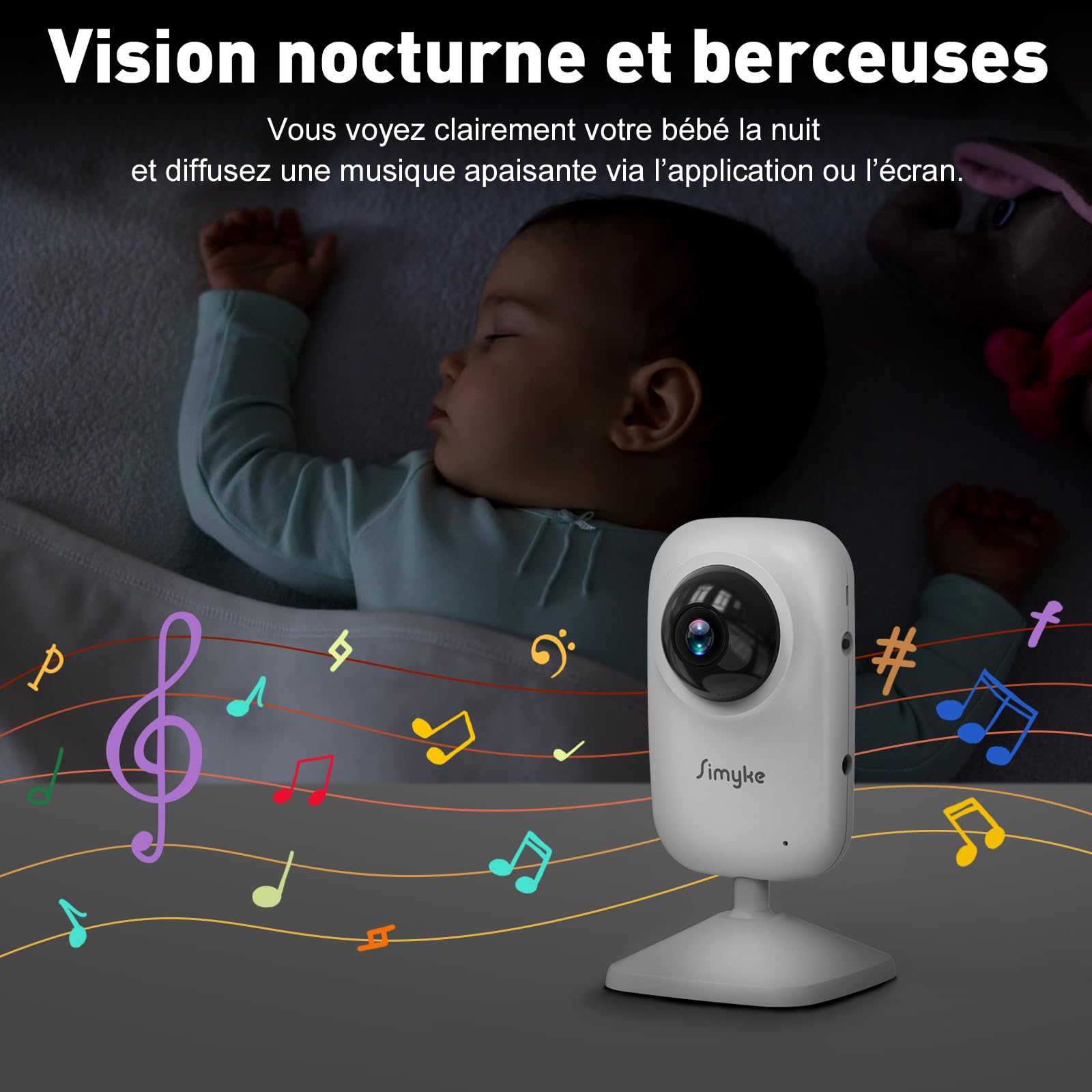 Simyke Babyphone 2 Caméras, écran IPS sans Fil Direct, Connexion APP WiFi 2,4G, Vision Nocturne Automatique, Batterie 2500mAh, Mode VOX, Appel bidirectionnel, détection de température.