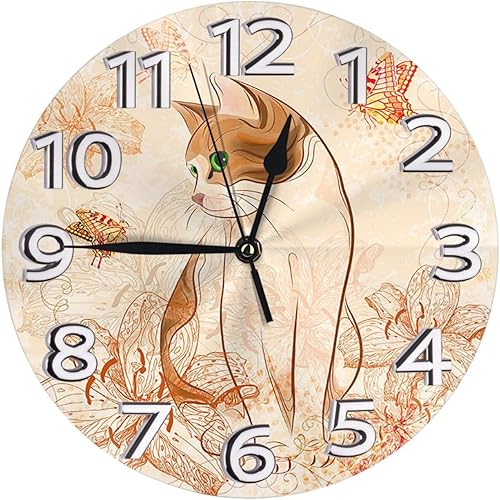 Elegante reloj de pared redondo decorativo de mariposa de gato naranja de 9.5 pulgadas, sin tictac, funciona con pilas, para estudiantes, oficina,