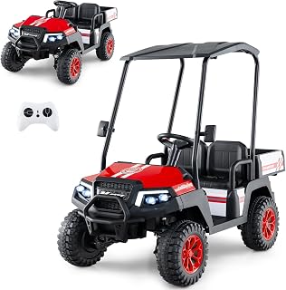 Costzon 24V Kids Golf Cart, 4WD 2 Seater Ride on Car w/Sun Shade, Storage Trunk & Remote Control, Electric Vehicle w/LED Lights, Realistic Sounds & Wireless Connection, Gift for Boys Girls 3+ (Red)