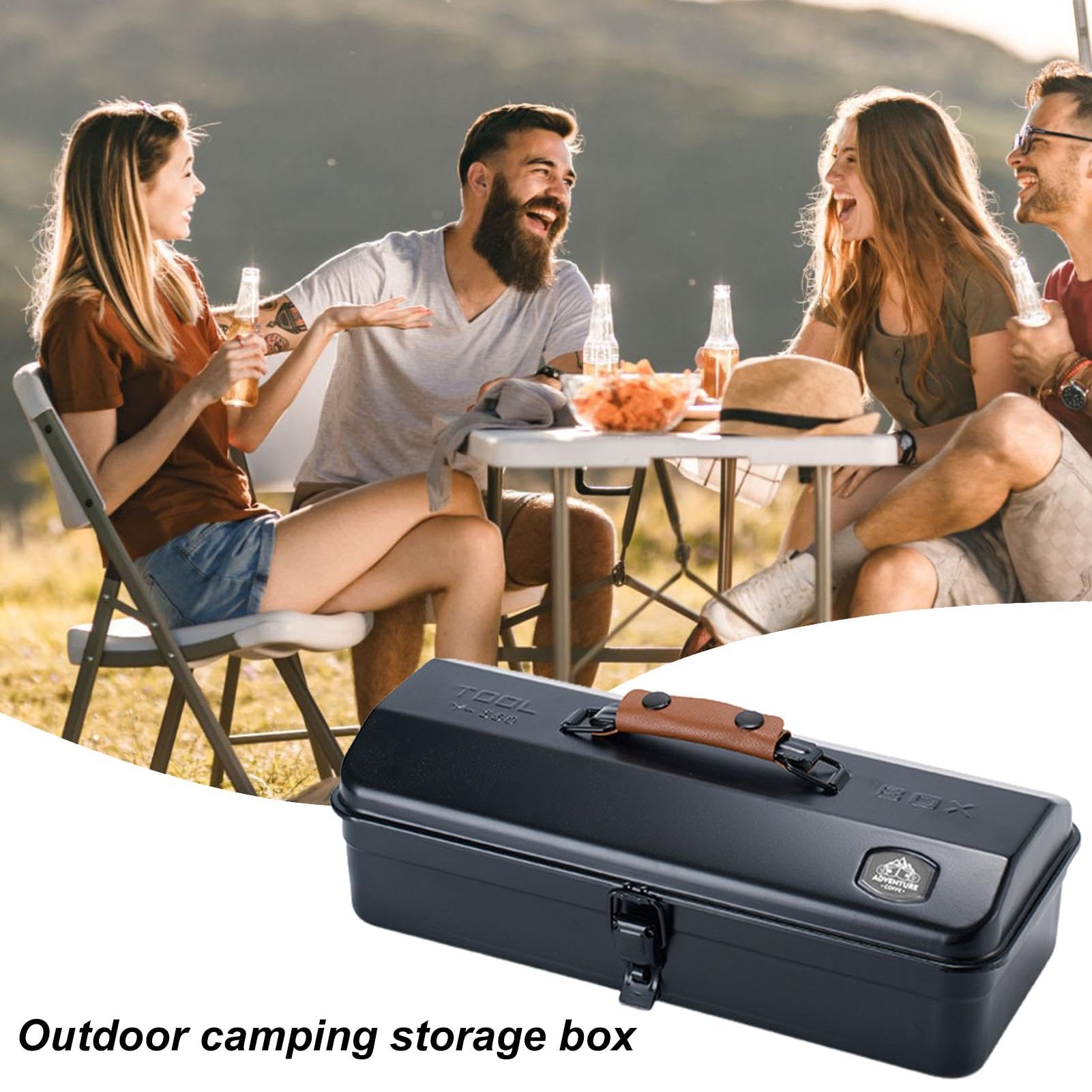 Tragbare Werkzeugkiste aus Metall, Aufbewahrungsbox für Campingbedarf | Werkzeugkasten aus Metall mit Vierwasserdach für Camping im Freien, mit Eisenaufklebern