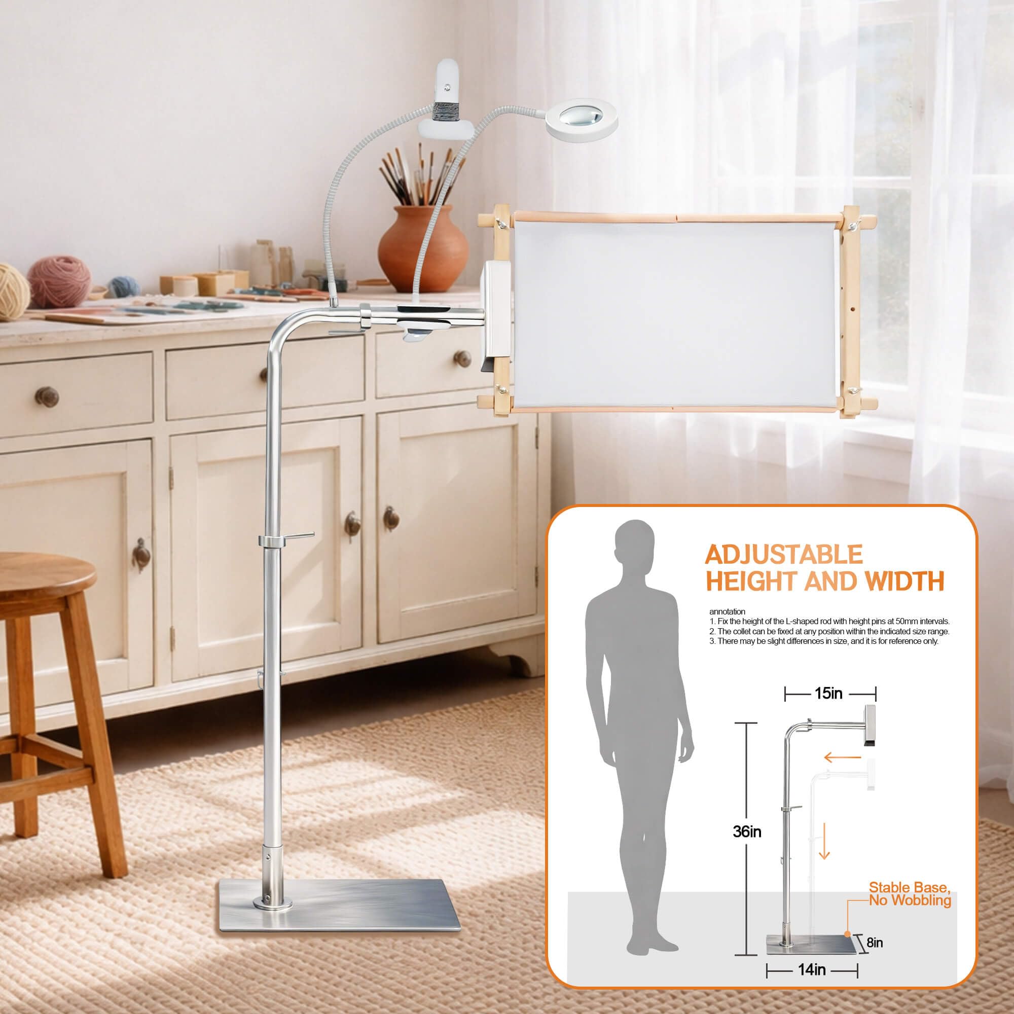 Soporte de punto de aguja, soporte de bordado ajustable y soporte de piso de punto de cruz con lupa iluminada, soporte de marco de metal resistente para aros, varillas Q-Snap y de