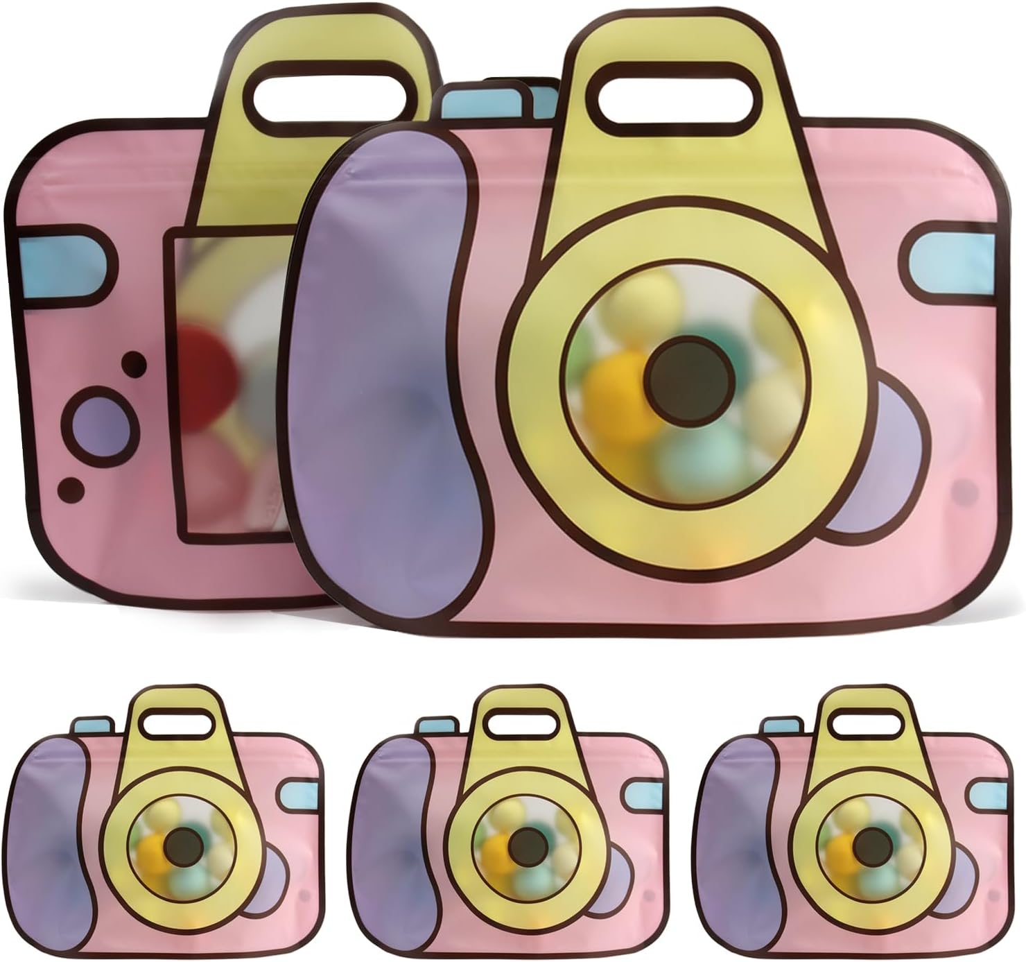 MnhoMnrn Resealable Cute Camera Shaped Transparent Candy Bags with Handles 20PCS Stand-Up Bottom Waterproof Gift Bags for Chocolate Cookie Snack Party Favor Wrapping Treat Bag (Pink)