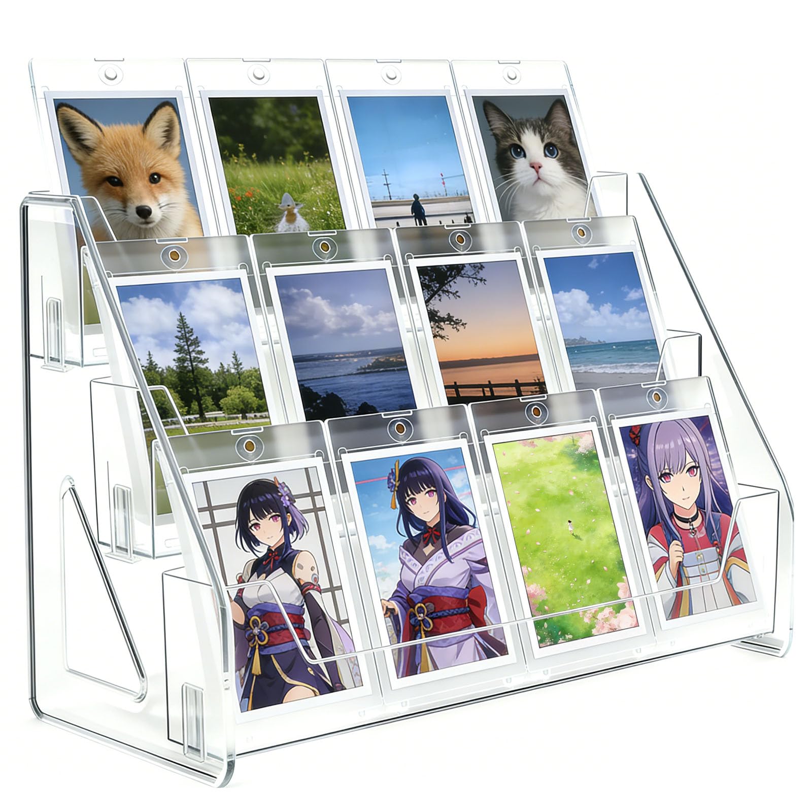 PCXWTLN Greeting Card Display Stand, Portable Postercard Holder Clear Brochure Stamp Stand Card Rack Storage Sticker Organizer for Retail Counter Desk (3 Tier)