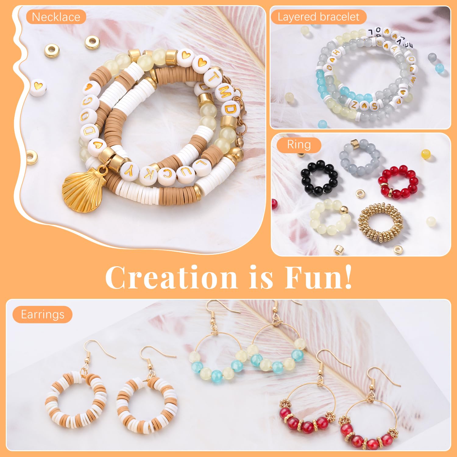 TsMADDTs Bracelet Making Kit, Friendship Bracelet Kit with Clay Beads, Glass and Letter Beads with Golden Pendant and Elastic Strings for DIY Crafts Necklace Jewelry Making, Gifts for Women