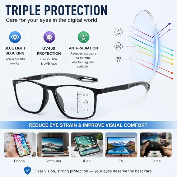 Vision Sync Multifocal Reading Glasses for Men Women–Photochromic Progressive Sunglasses with Filter Blue Light