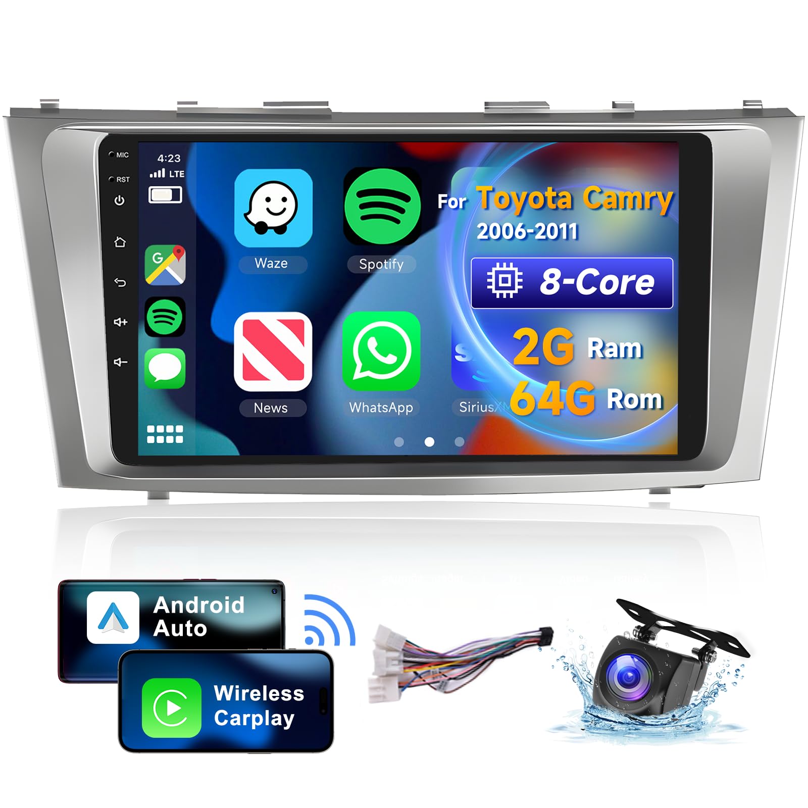 VECHTEL [8 CORE 2G+64G] for Toyota Camry 2006-2011 Car Radio with Wireless Carplay/Android Auto, 9 Inch Android 13 IPS Touch Screen Car Stereo, Bluetooth, GPS, WiFi, SWC, DSP + HD Backup Camera