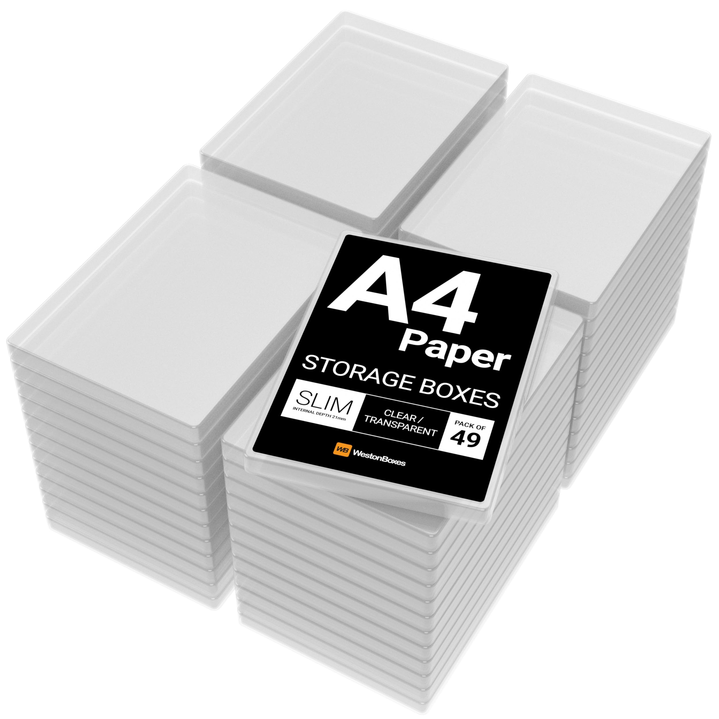 WestonBoxes A4 Slim Plastic Presentation or Storage Boxes with lids for A4 Paper and Card (Clear, Pack of 49)