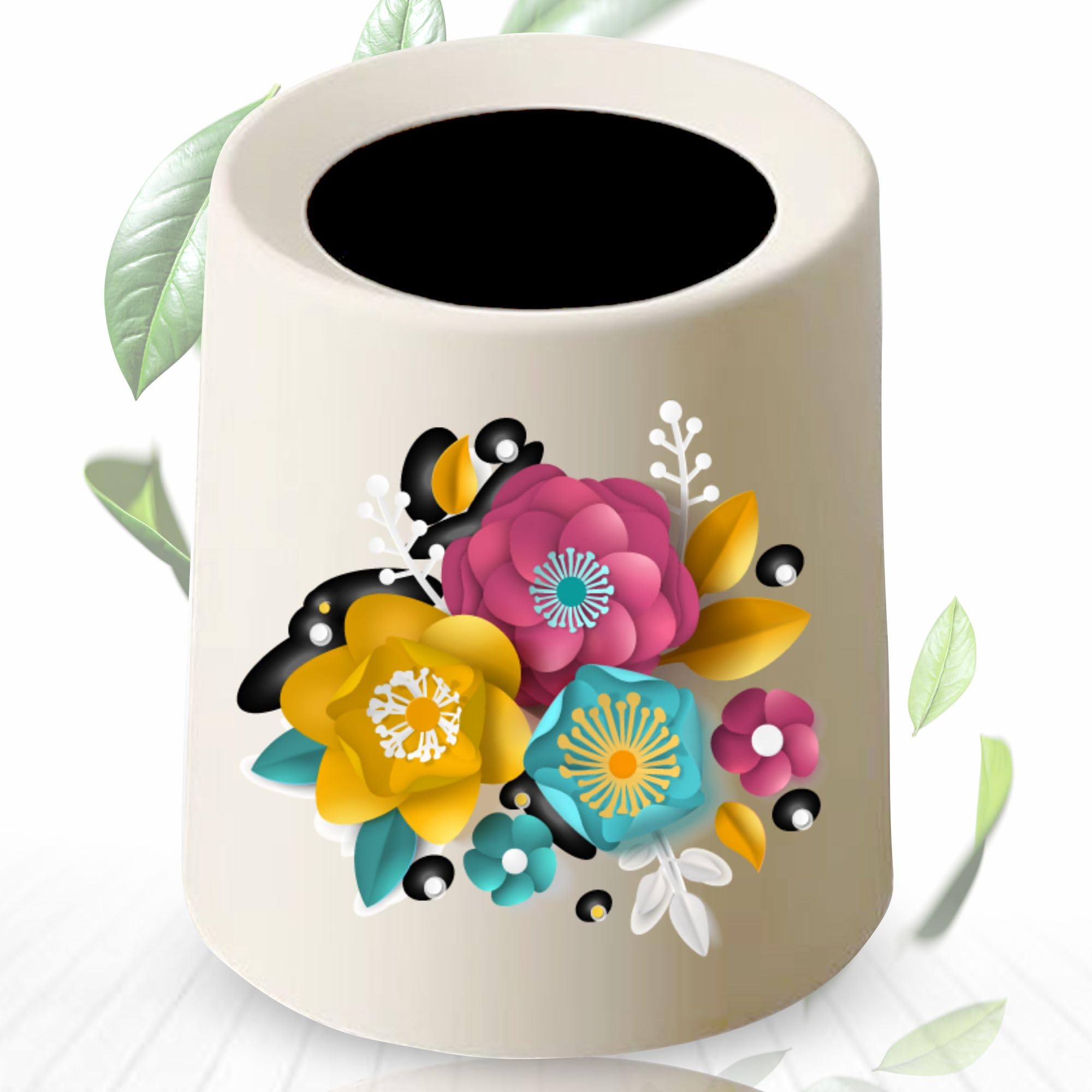 SUHSAI Round Plastic Floral Printed trash bin 12L Bathroom Bin Office Bin Waste Paper Bin Garbage Bin Desk Bin Kitchen Bin Rubbish Bin Ideal for Office Desk, Living Room, Bedroom, Home & Kitchen