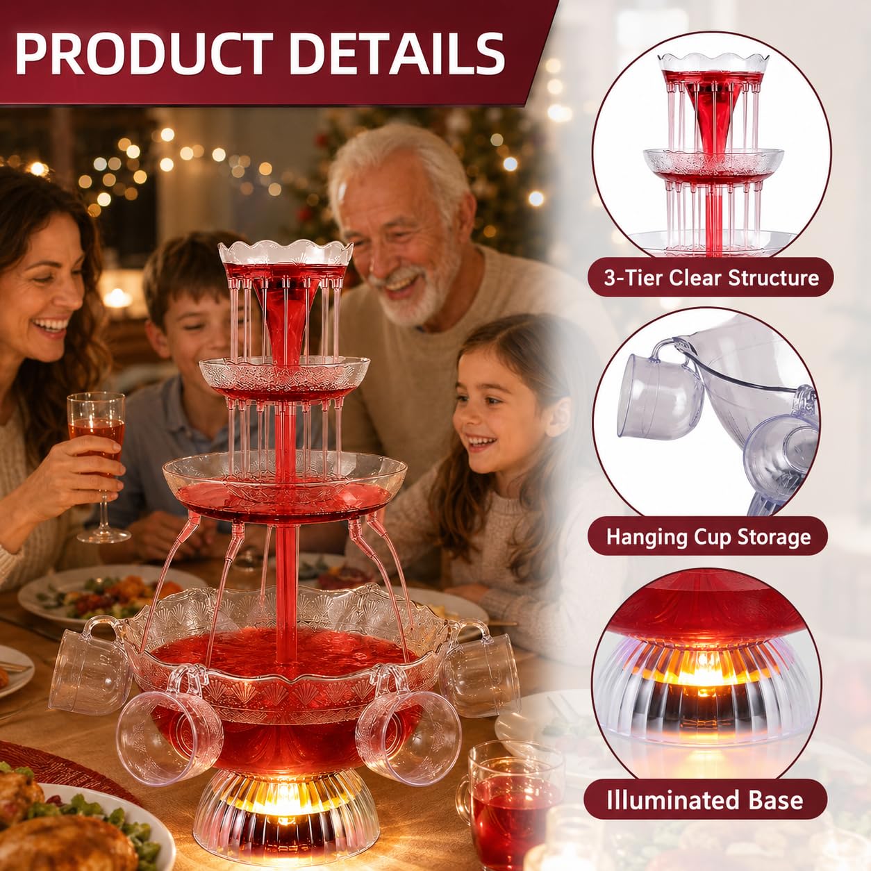 Fontana elettrica per cocktail con base a LED e 5 tazze per champagne, vino, birra e succhi di frutta, per feste e matrimoni