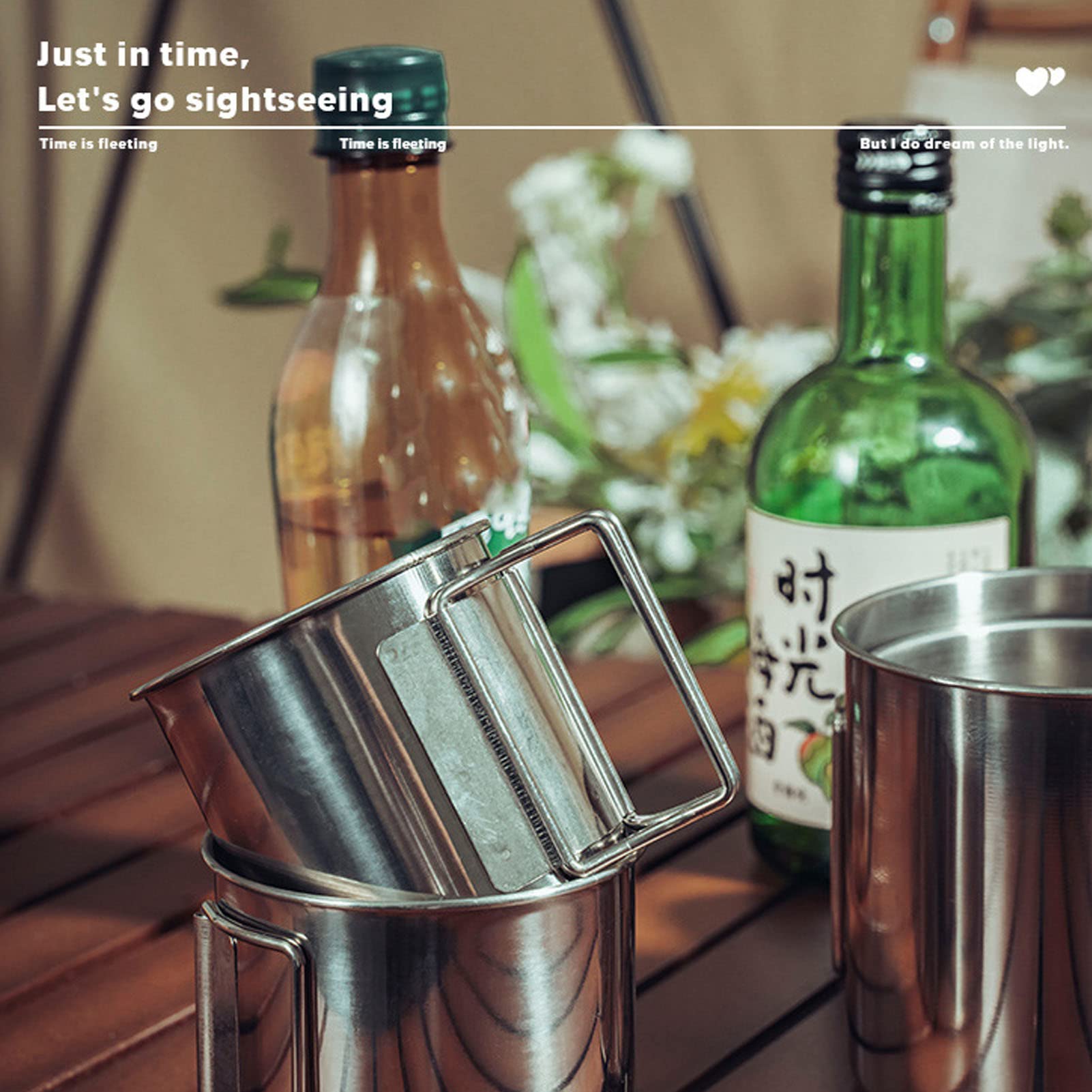 Lot de 4 tasse verre acier anse pliable cuisine vaisselle camping bivouac pique-nique bushcraft - Sport & Plein air