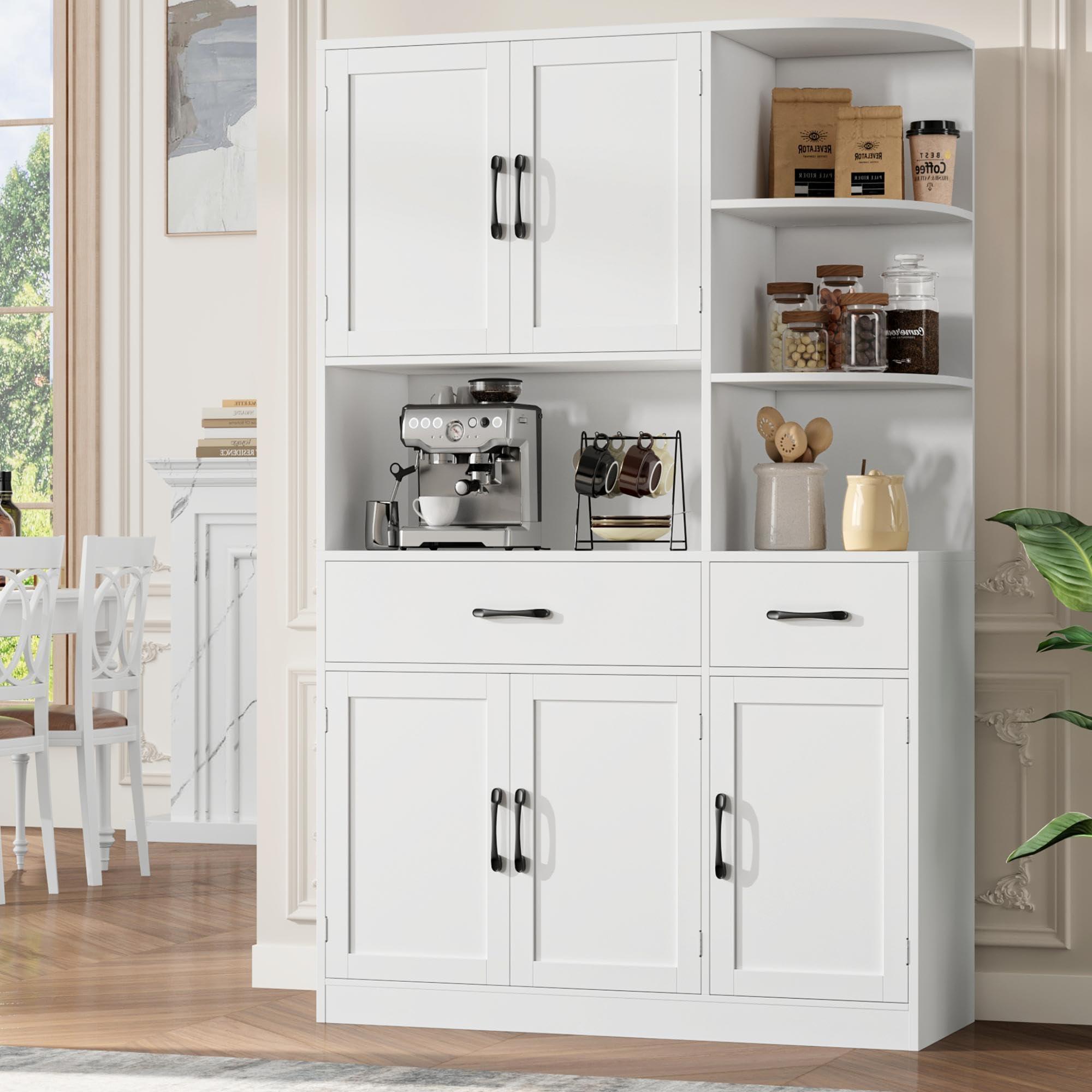 Front view of the assembled BOTLOG 67-inch Kitchen Pantry Cabinet in white, illustrating its complete structure and design.