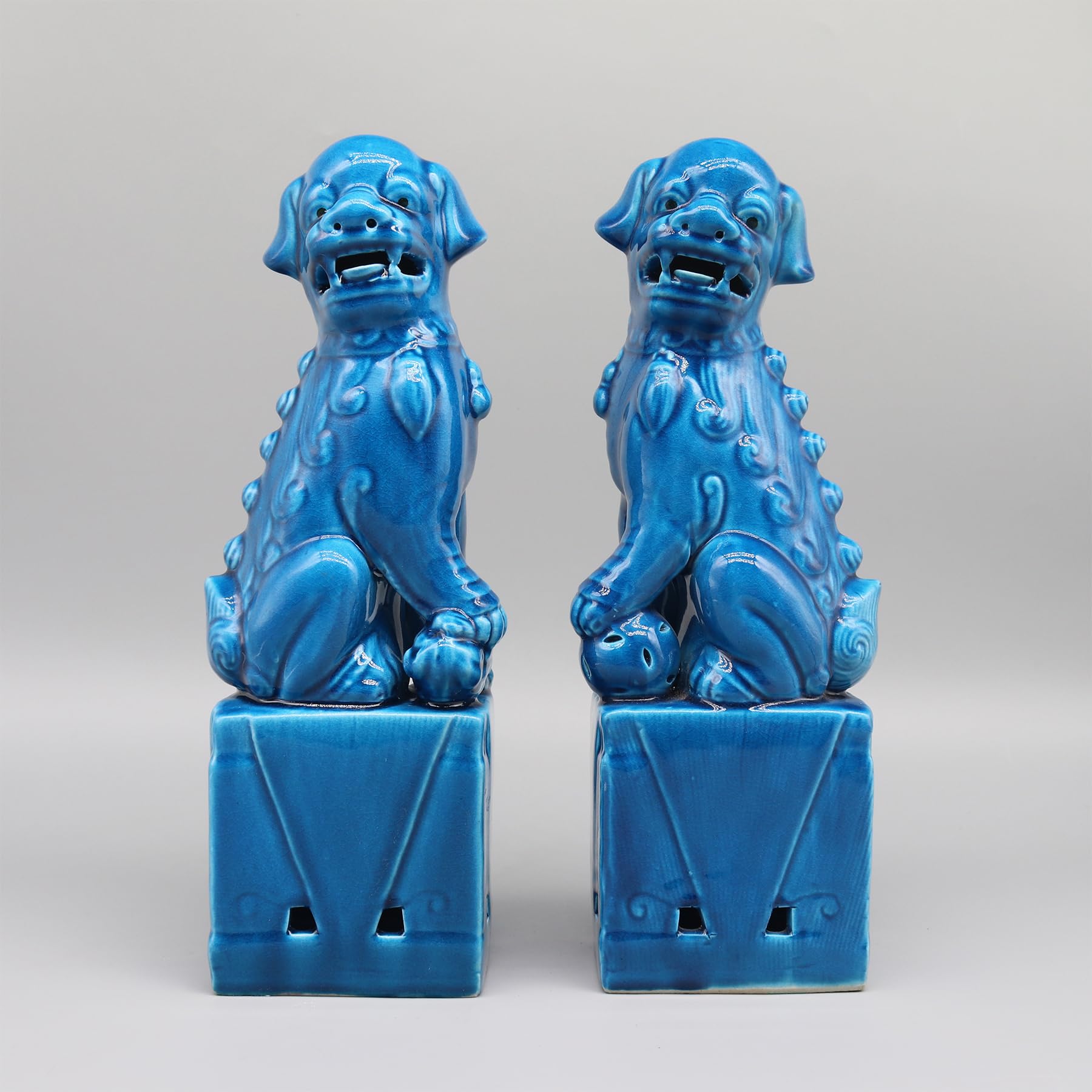 Eastern tide Chinese Foo Dog Statues, Ceramic Guardian Lions, Traditional Temple Figurines, Set of 2 (Peacock Blue)
