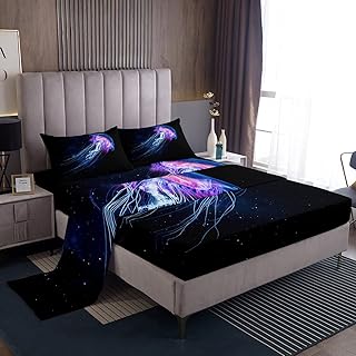 Jellyfish Sheet Set Twin Size Ocean Sheets with Deep Pocket Fitted Sheet for Kids Sea Creature Underwater World Bed Sheets Set Marine life Sealife Bedding Set Black Room Decor Aquatic Animal Bed Set