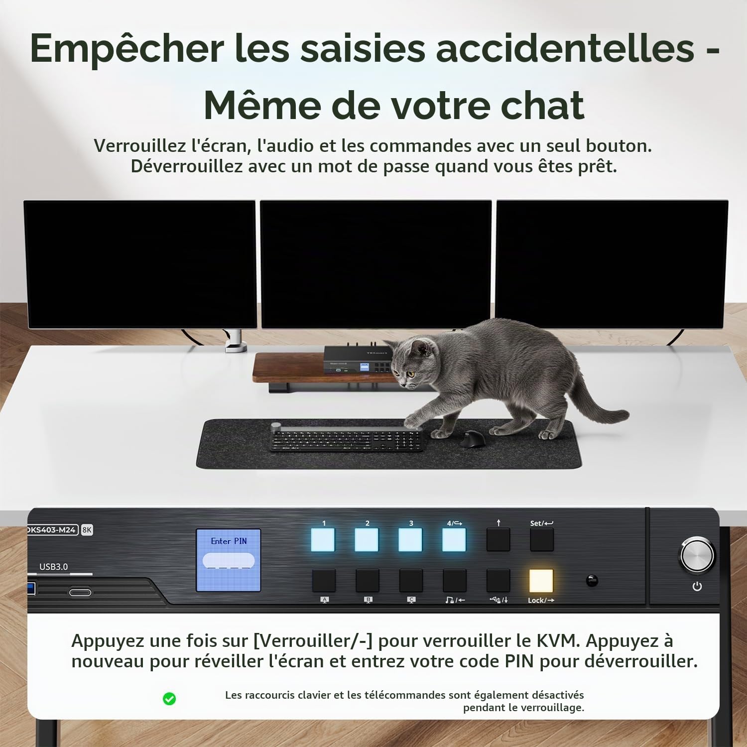 TESmart Commutateur KVM DisplayPort 8K@60Hz 4 PC 3 écrans, KVM double écran USB 3.2 Gen1 avec réseau Gigabit, 4K@144Hz, émulation EDID, raccourcis personnalisables, Câbles d’entrée inclus