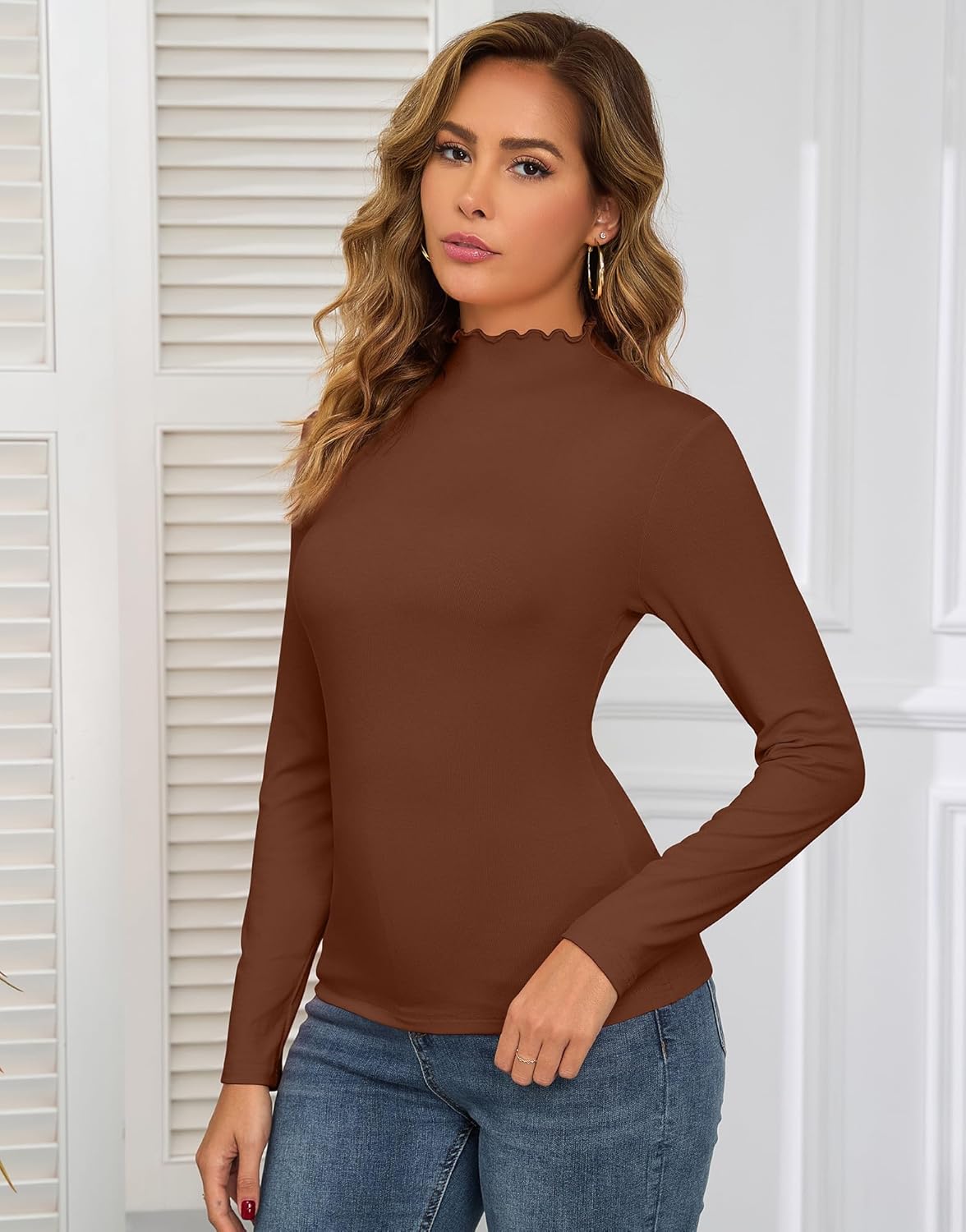 Mock Neck Tops for Women Long Sleeve Shirts Lettuce Trim Casual Slim Fit Tee Shirt Fall Layer Clothes Outfits 2025 - Image 2