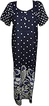 Womens Maxi Long Caftan Nightwear Printed Summer Sleepwear Short Sleeves Button Front Nightgown House Dress L Navy Blue