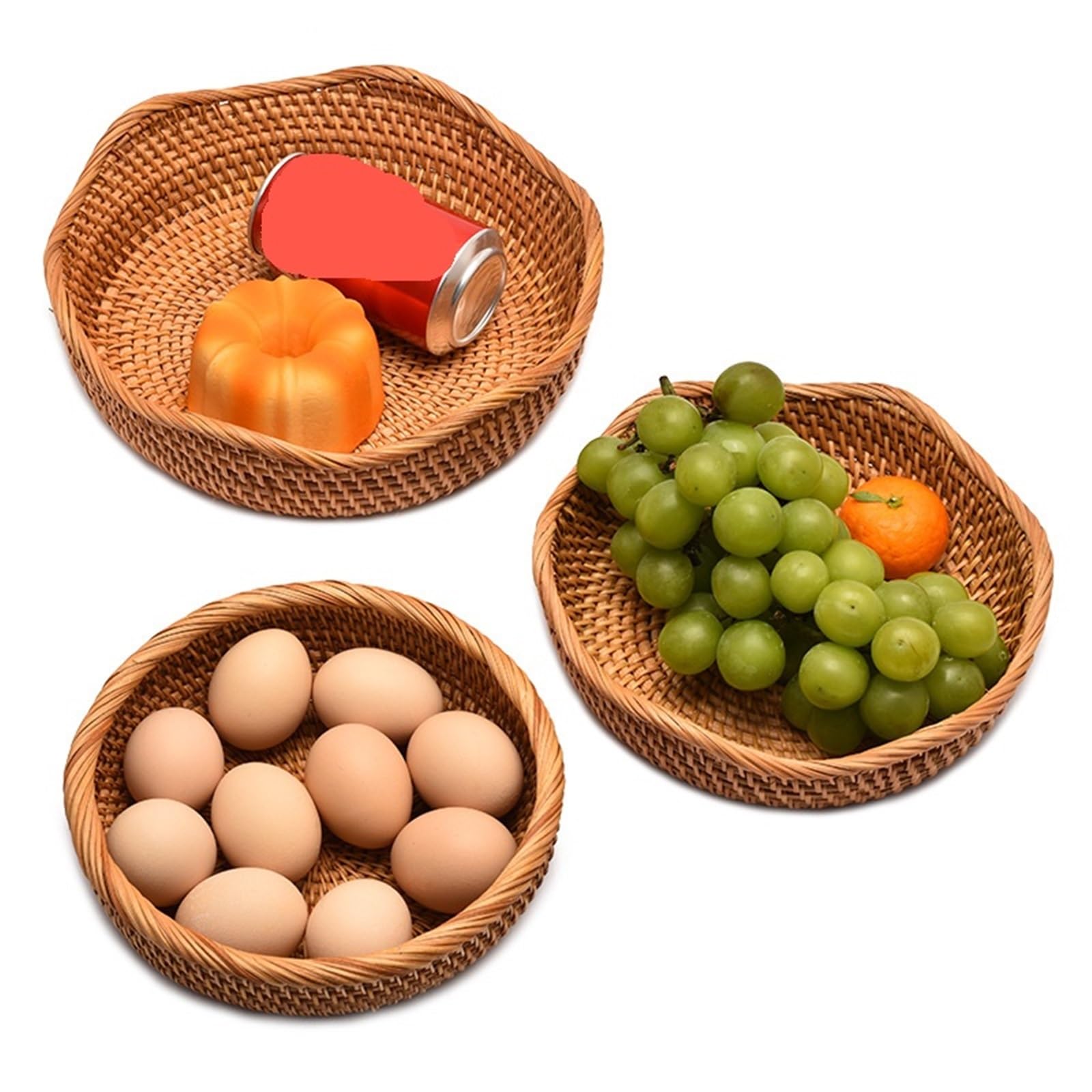 Round Rattan Woven Basket, Wicker Fruit Basket, Bread Food, Kitchen Home Decor, Organizer Breadbasket for Kitchen pour l'organisation de la Maison(Size 3)