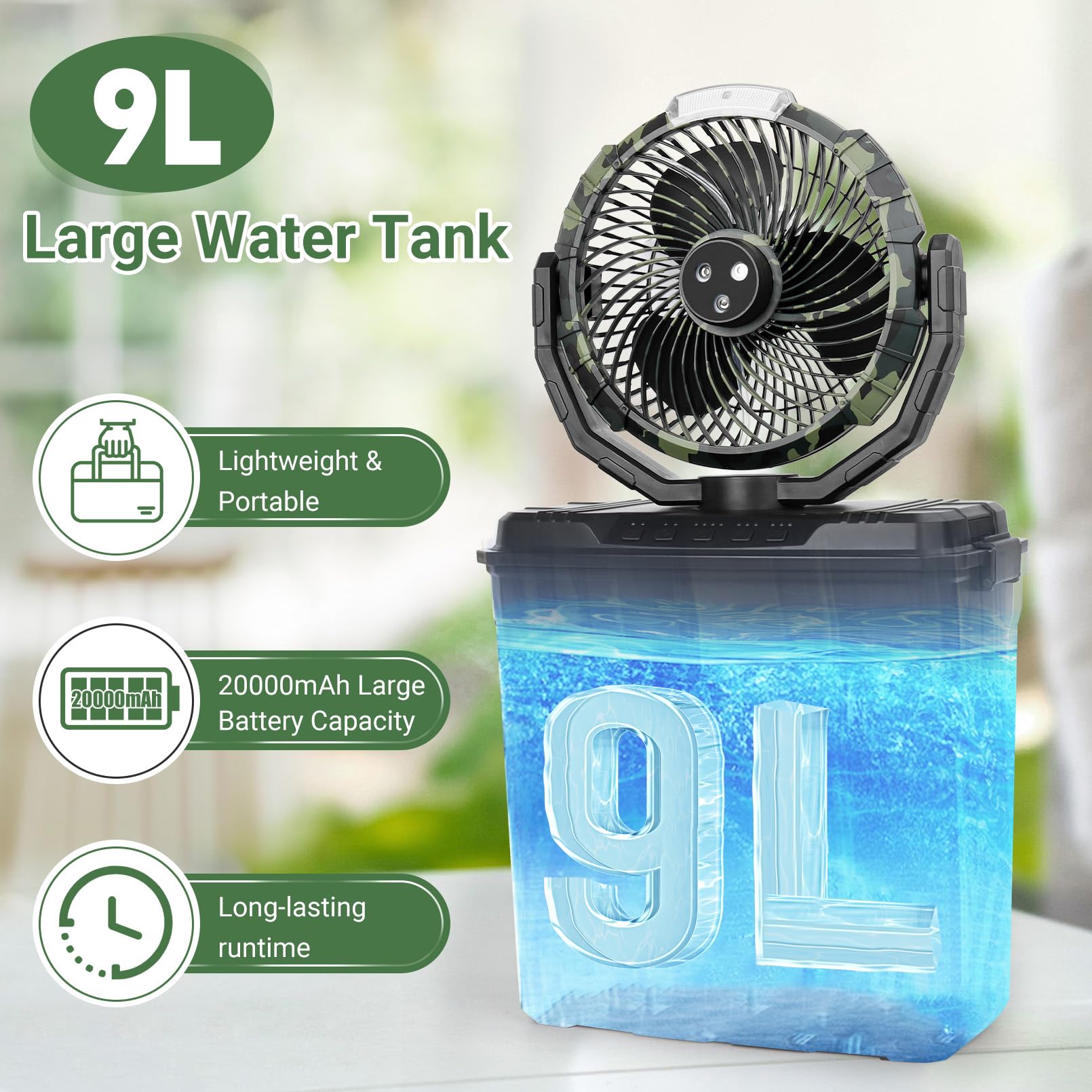 Ventilatore nebulizzatore portatile per esterni, serbatoio dell'acqua da 9 l, 3 livelli di velocità del vento e raffreddamento istantaneo, ideale per patio, garage, campeggio, camper, ottimo regalo