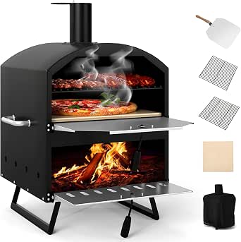 Giantex Wood Fired Outdoor Pizza Oven with 16-Inch Pizza Stone, 2-Layer Cooking Space, Portable, Foldable Legs