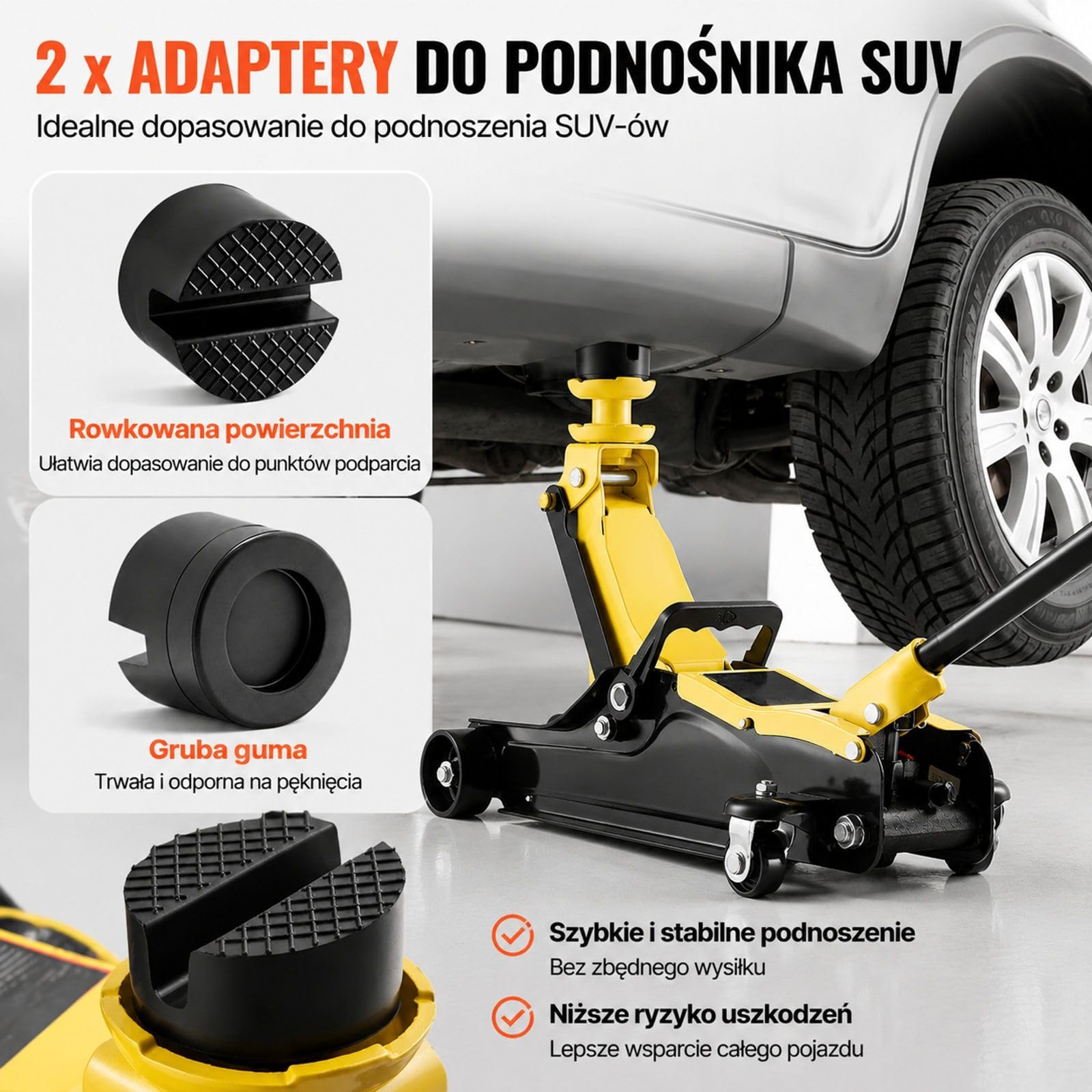 Podnośnik hydrauliczny 2,5 t, niskoprofilowy stalowy z pompą jednotłokową, adapterami do SUV-ów, sedanów i aut wyścigowych