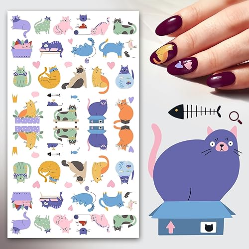 Pegatinas de uñas (5 hojas) FLONZNAIL Divertidas y Adorables Pasteles de Gatos Decoración de Uñas de Transferencia Vintage Pegatinas