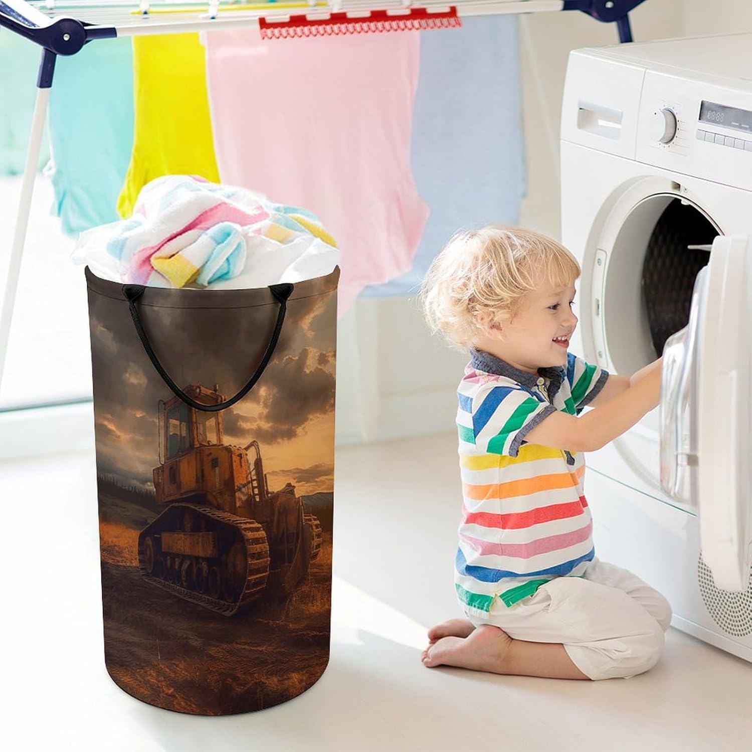 Bulldozer Evening Laundry Hamper Large Collapsible Laundry Basket with Handles Waterproof Clothes Hamper Portable Dirty Clothes Basket for Bedroom Laundry Room Closet Bathroom