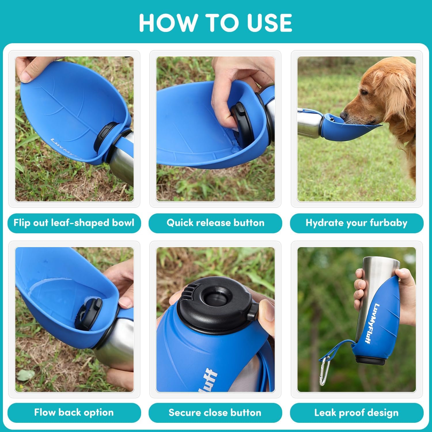 Foldout Dog Water Bottle (Stainless Steel 500ml - Ocean Blue) - Fold Out Bowl, Portable, Cool Drink Bottle for Dogs, Perfect for Walking, Hiking, Travel & Outdoor Activities