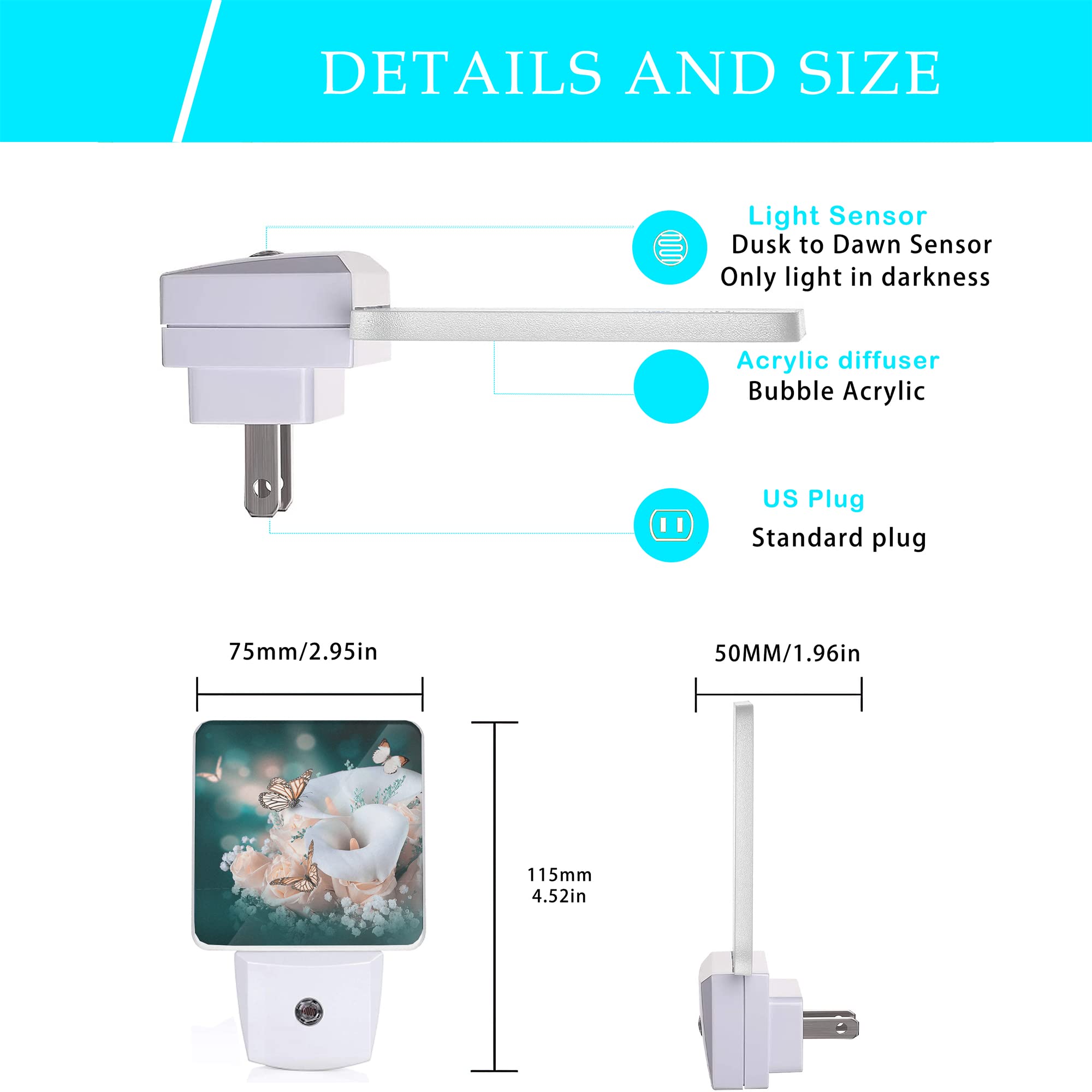 Oeaskly Yellow Roses and Butterfly Night Light,Flower Butterflies Spring Night Lights Plug into Wall Dusk to Dawn Sensor Led Lamp for Women Men for Stairway/Hallway/Bedroom,0.5W